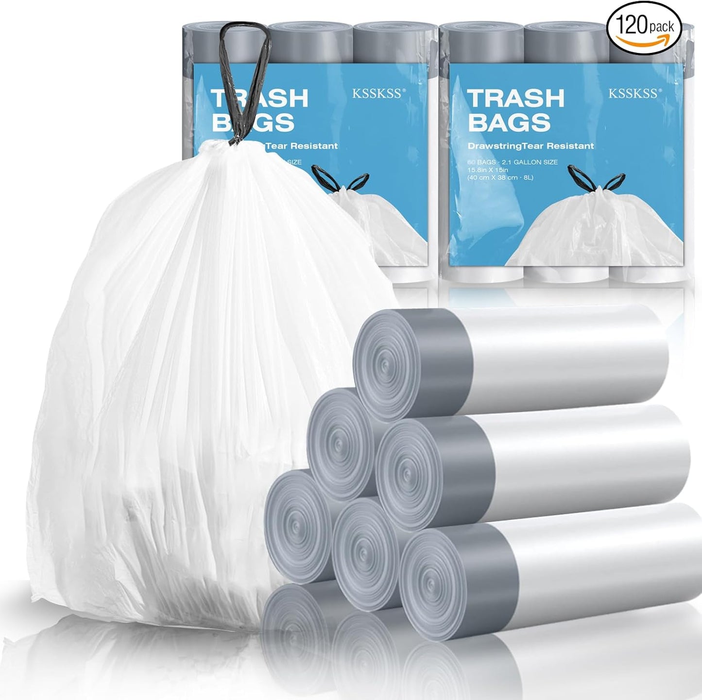 120 Counts 1.6 Gallon Mini Drawstring Trash Bags, Small Garbage Bags by KSSKSS, Code a fit 4.5-8 Liter, 1.2-2 Gal, White Trash Bin Liners for Home Office Kitchen Bathroom Bedroom