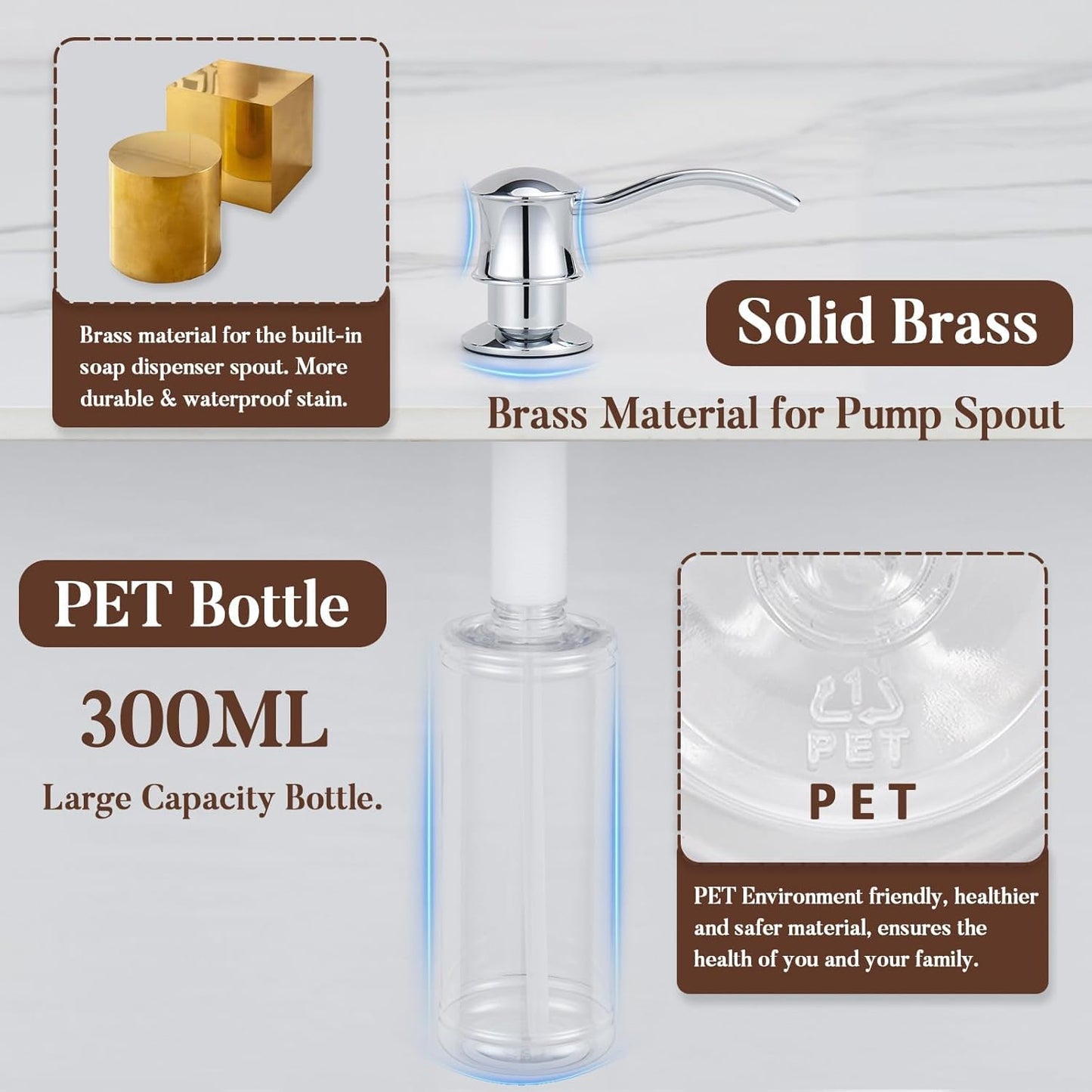 Built in Soap Dispenser for Kitchen Sink Countertop, Solid Brass Pump Head Long Spout with 10.2 Ounce PET Food Safe Material Lotion Bottle, Chrome Finish