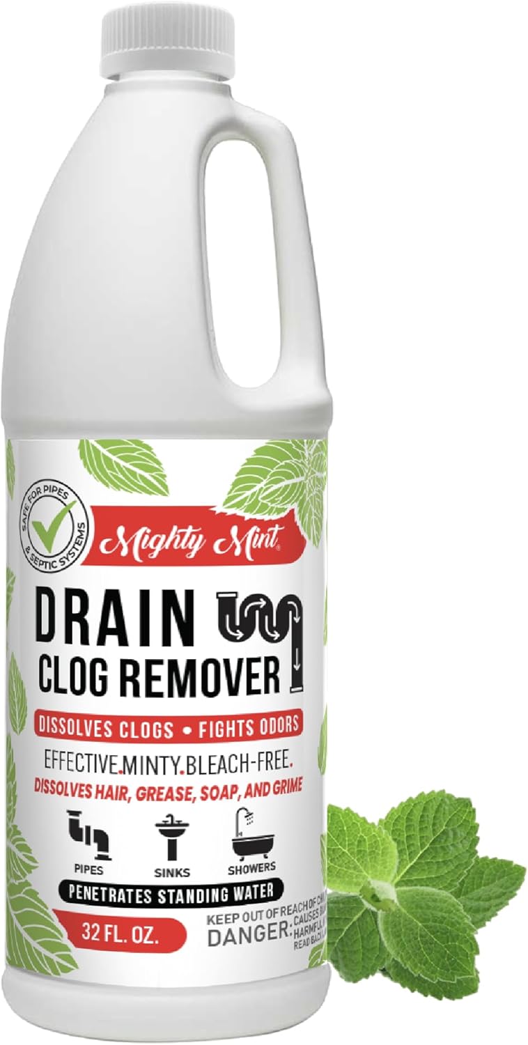 Mighty Mint Drain Clog Remover, Safe for Pipes and Septic, Dissolves Hair & Grease, Clears Blocked Drains and Deodorizes, Natural Mint Scent, 32oz