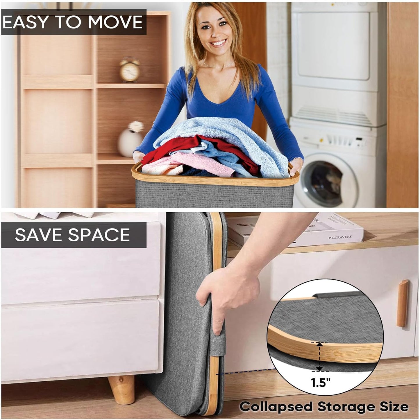 BALEINE Laundry Hamper with Lid, Tall Laundry Baskets with Bamboo Pull Handles, Large Laundry Bin with Internal Support (18 Gal/70L, Blue)