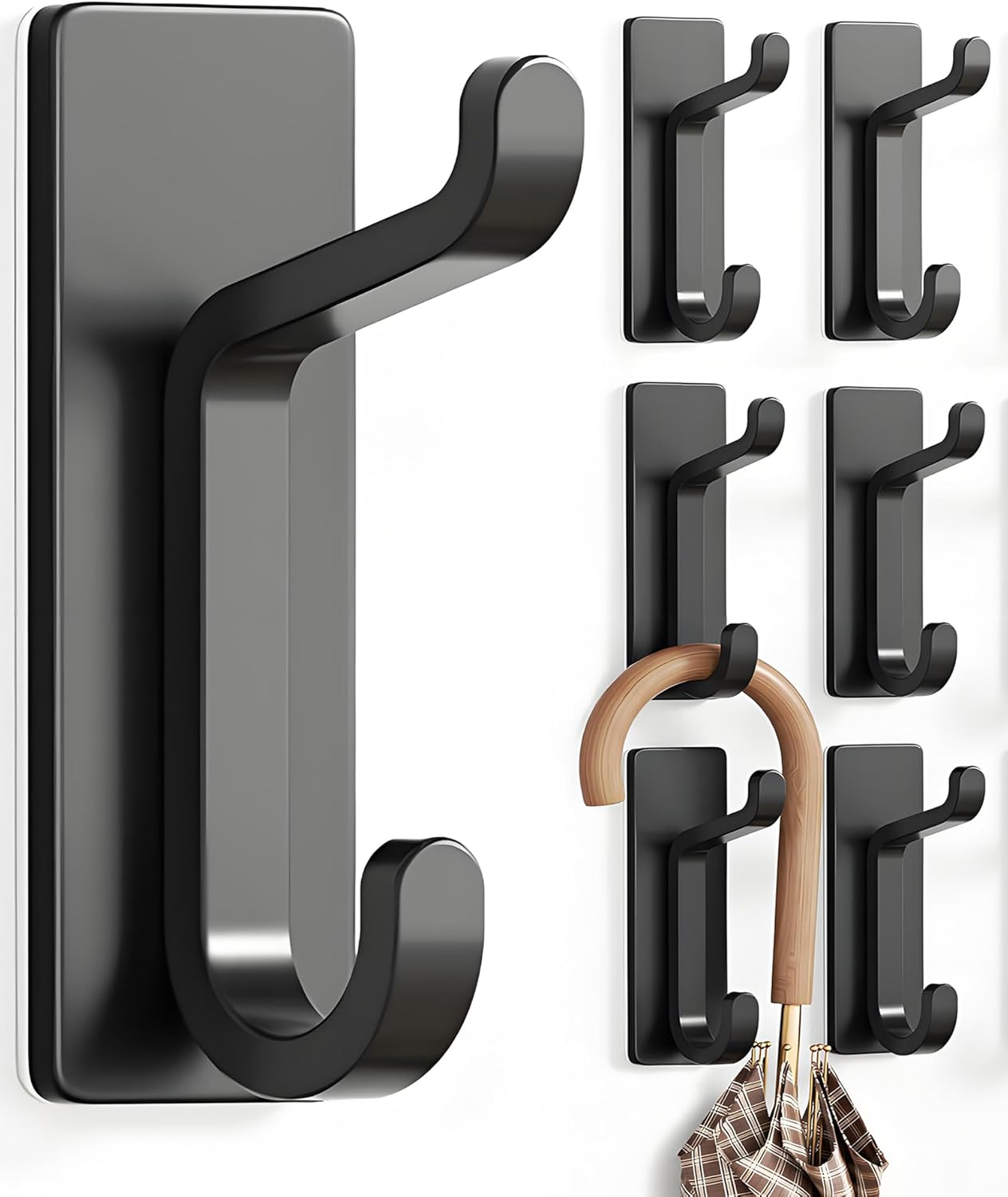 Wall Hooks for Coat and Towel: 13LB Adhesive Door Hanger Stick on, Black 6 Pack