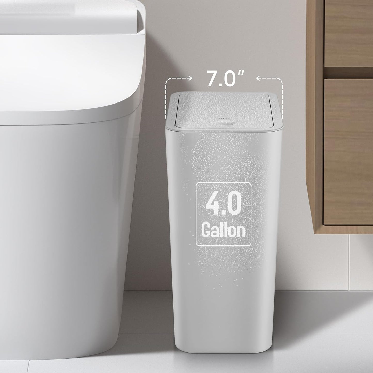 TIPGO Bathroom Trash Can with Lid, 4 Gallon / 15 Liter Small Garbage Can, Press Top Bin, Plastic Wastebasket with Pop-Up Lid for Bedroom, Living Room, Office (Grey, 2 Pack)