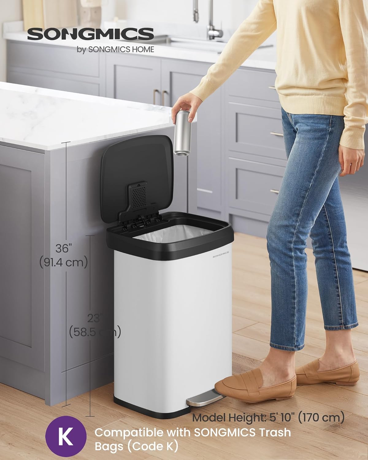 SONGMICS Kitchen Trash Can, 13 Gallon (50 L) Stainless Steel Garbage Can, with Stay-Open Lid and Step-on Pedal, Soft Closure, Tall, Large and Space-Saving, White and Black ULTB530W50