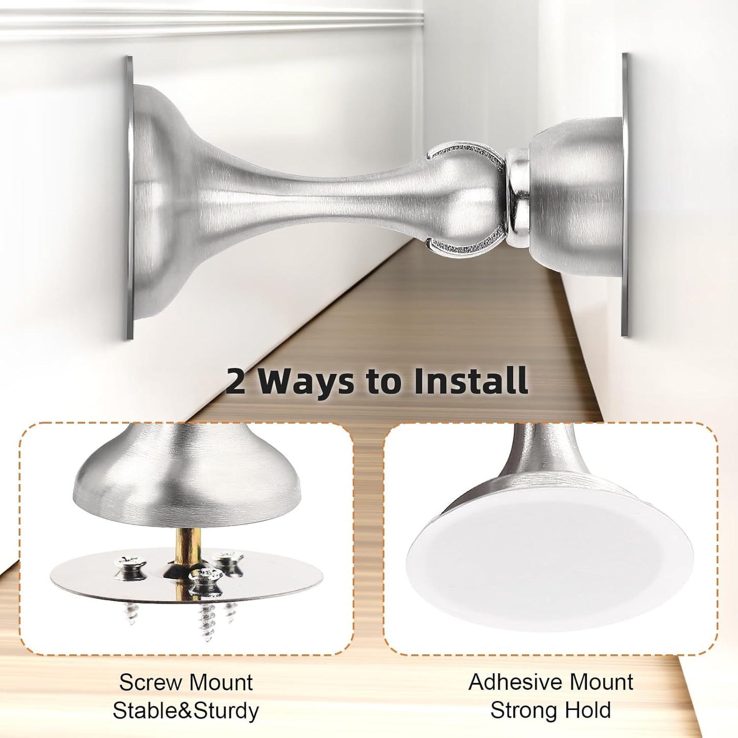 Probrico Brushed Nickel Magnetic Door Stoppers for Bottom of Door, Stainless Steel Magnet Door Catch Door Stops to Keep Door Open, Heavy Duty Door Holder, Wall and Floor Mounting, 4 Pack