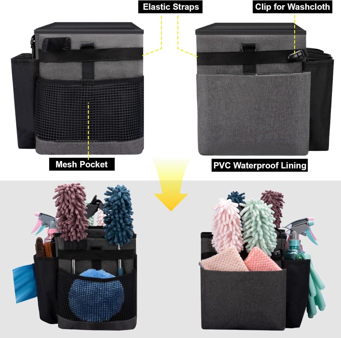 Wearable Large Cleaning Caddy Bag for Housekeeper, Clean Supply Organizer with Adjustable Shoulder, Waist & Handle Straps, Detailing Bag for Kitchen Supplies (Black&Gray)