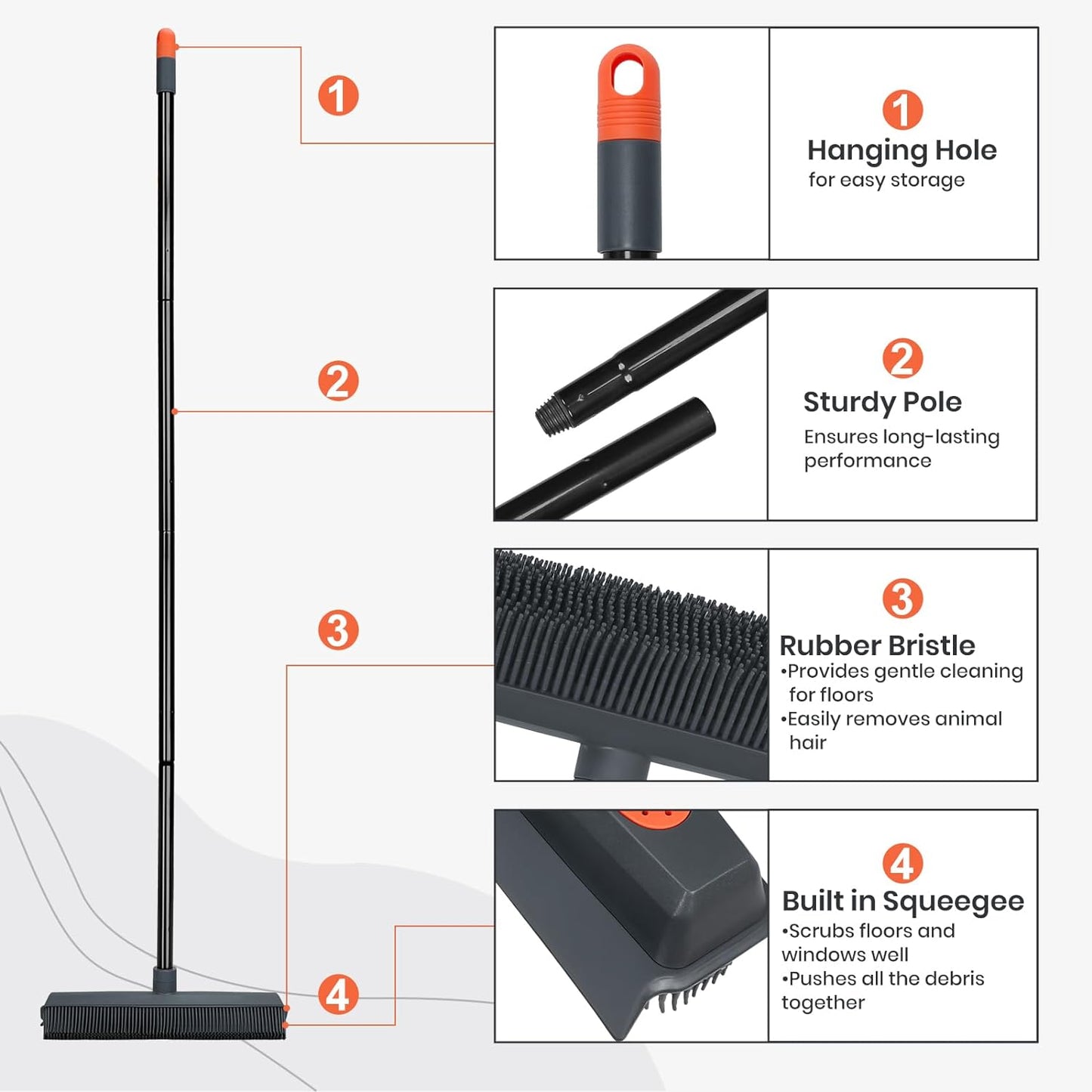 MAVRIZ Rubber Broom Carpet Rake for Pet Hair Removal, Pet Hair Broom for Hardwood Floor, Fur Remover with Squeegee