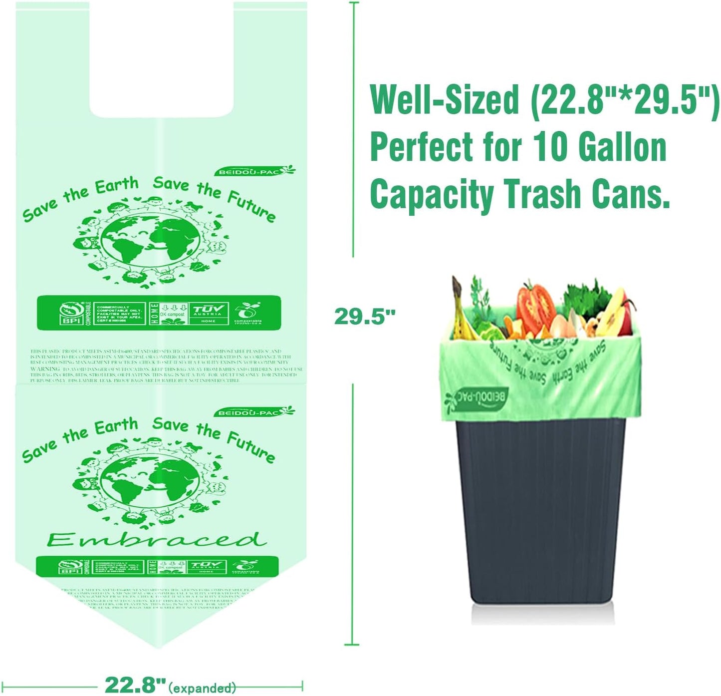 8-10 Gallon Compostable Trash Bags, 60 Count - Kitchen & Food Scrap Waste Bags, Sturdy & Biodegradable, ASTM D6400, US BPI Certified