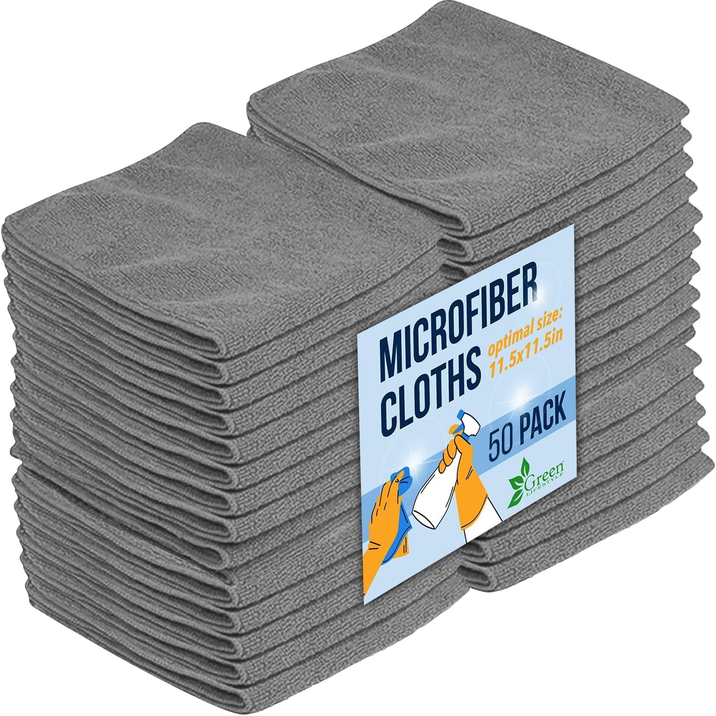 GREEN LIFESTYLE Chamois Cloth, Microfiber Cleaning Cloth 50 Pack, Borderless Towels Cleaning, Car Microfiber Towel, Drying Car Wash Towels (11.5" x 11.5", Grey)