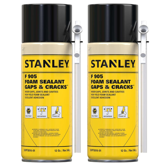 Stanley F905 Gaps & Cracks Sealant (2x12 Oz.) – Polyurethane Spray Foam Insulation for Window & Door, Waterproof Gap Filler, Low Expansion Foam for Indoor & Outdoor Use | Straw Use | 12 Oz. 2 Pack