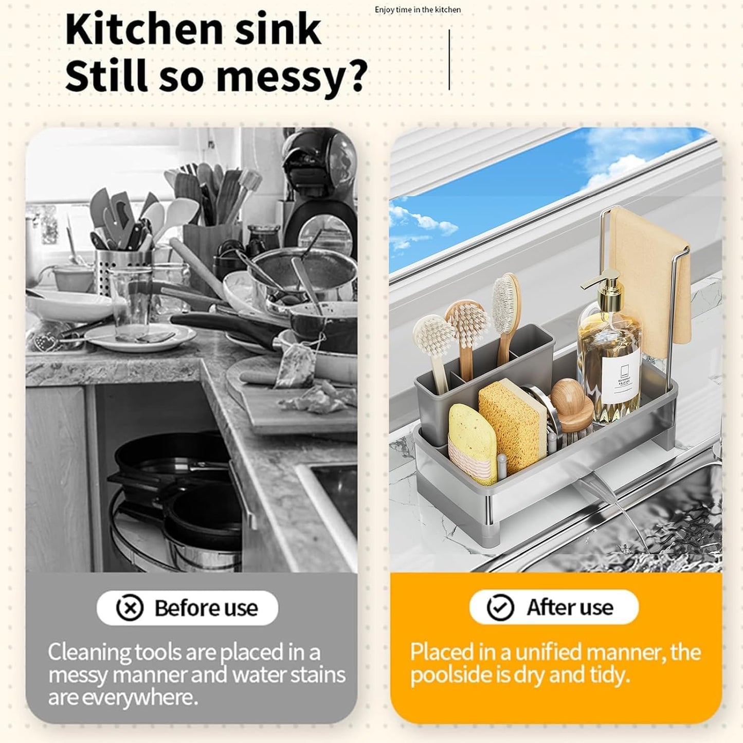 Sponge Holder for Kitchen Sink,Sink Caddy Organizer with Removable Brush Holder,Kitchen Countertop Soap Dispenser Storage with Detachable Towel Rack, Grey