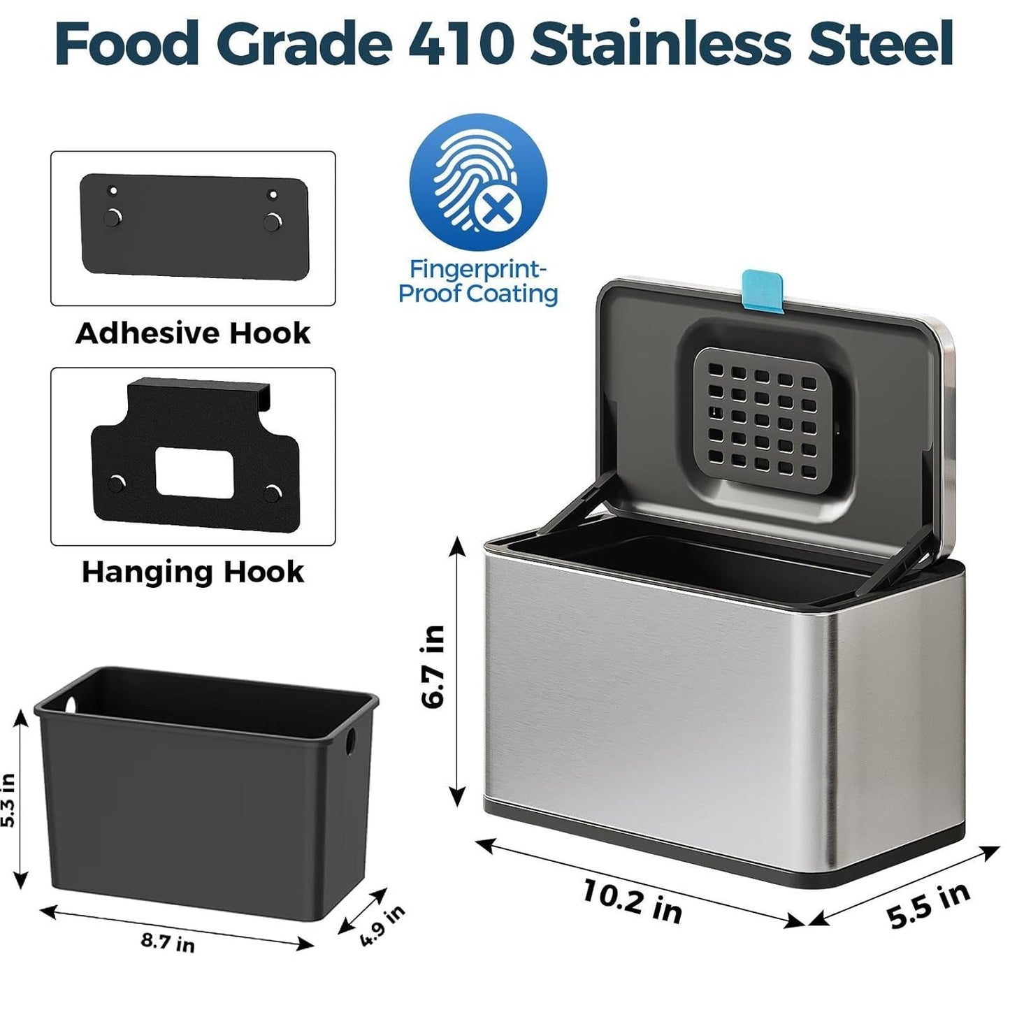 Stainless Steel Hanging Trash Can with Lid and Inner Bucket, 1 Gallon Kitchen Compost Bin for Counter Top, Under Sink or Wall Mount, Small Garbage Can for Cupboard/Bathroom/Bedroom/RV