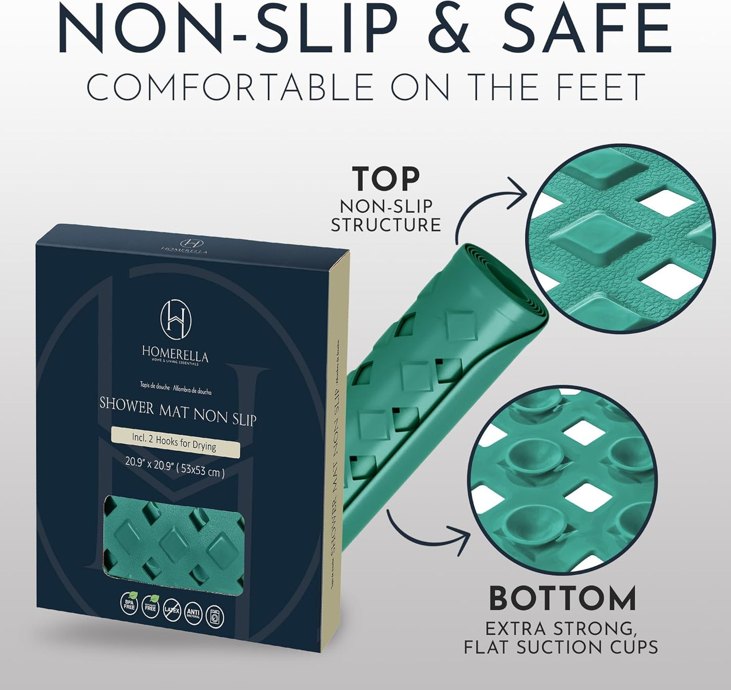 Homerella Anti Slip Shower Mat | Anti Mold Non Slip Bathtub Mat for Inside Shower | Square Floor Shower Mat 21 x 21 inch with Suction Cups for Grip & Hooks Hanging and Quick Drying | Machine Washable