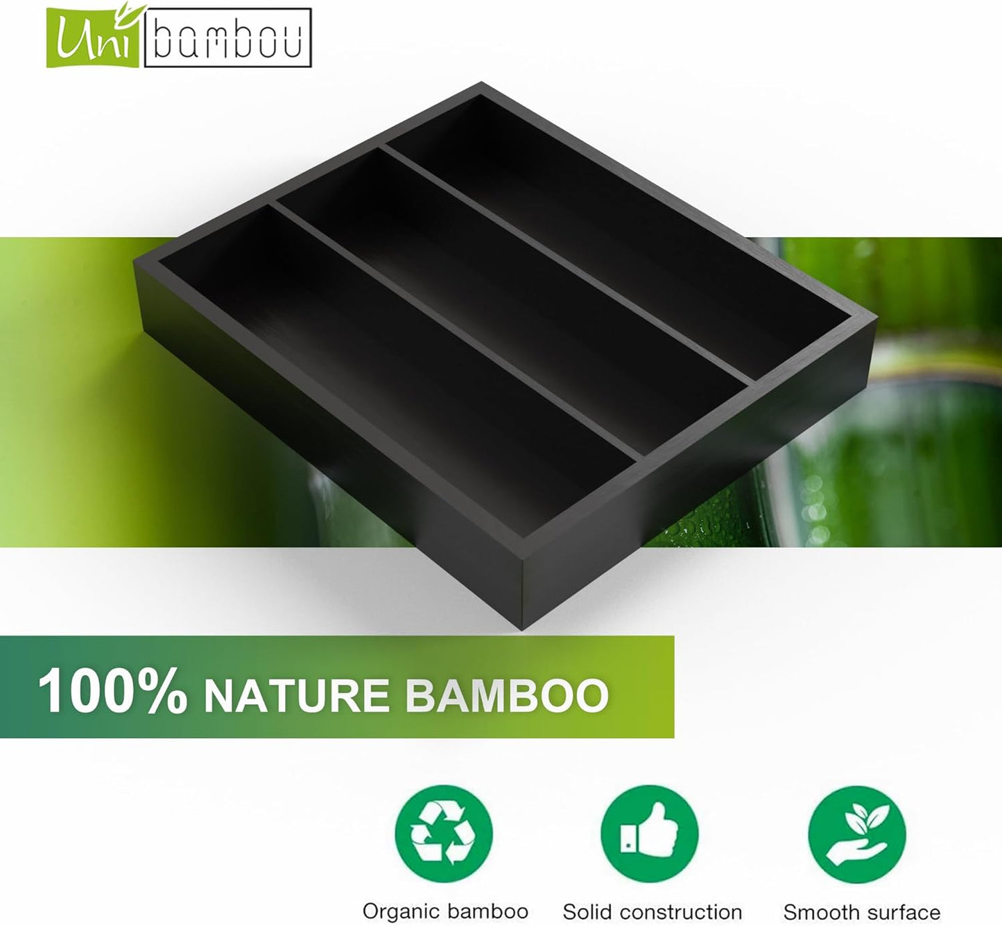 Bamboo Utensil Drawer Organizer, Silverware Tray Organizer, Kitchen Drawer Organizer for Flatware Cutlery (Black, 3 Slots)