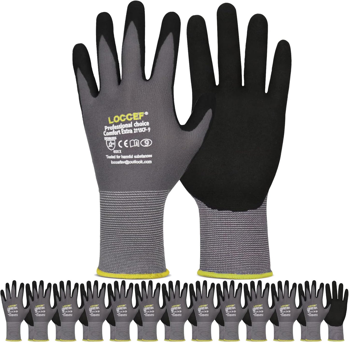 LOCCEF Work Gloves MicroFoam Nitrile Coated-6 Pairs,Seamless Knit Nylon Gloves,Gray Work gloves