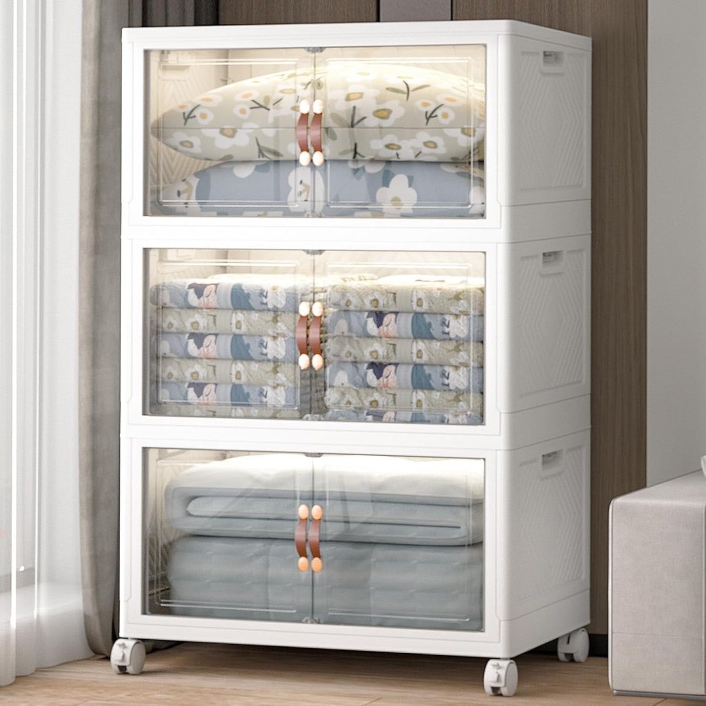 Extra Large Stackable Storage Bins with Lids & Wheels & Door, 480QT-160QT/40GAL*3Pack Foldable Collapsible Closet Organizers, Plastic containers drawers for bedroom Dorm