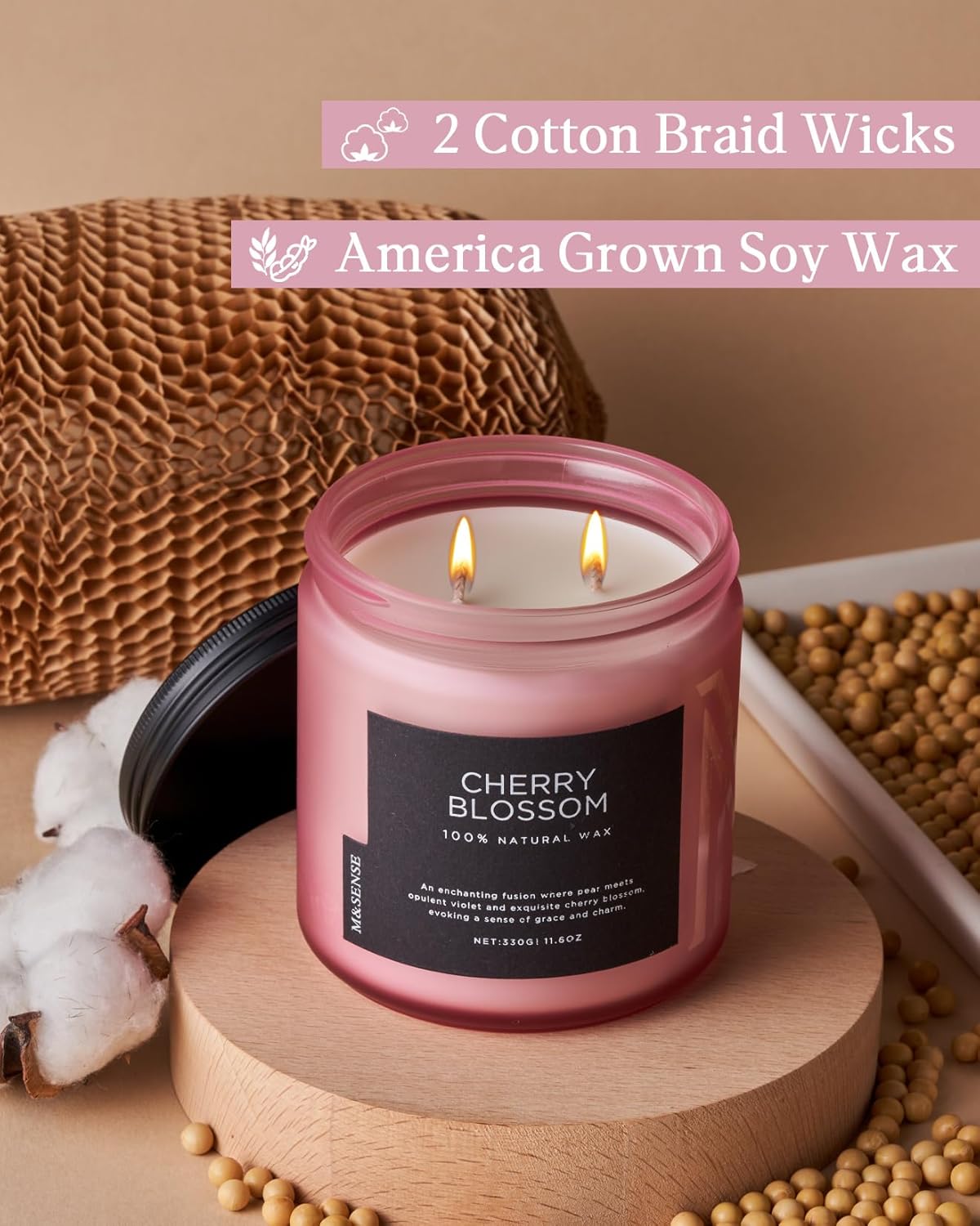 M&SENSE Cherry Blossom Scented Spring Candle, 70 Hours Long Lasting Soy Wax 11.6oz Stress Relief Aromatherapy Candles, Romantic Gifts for Women, Glass Jar for Bedroom Decor