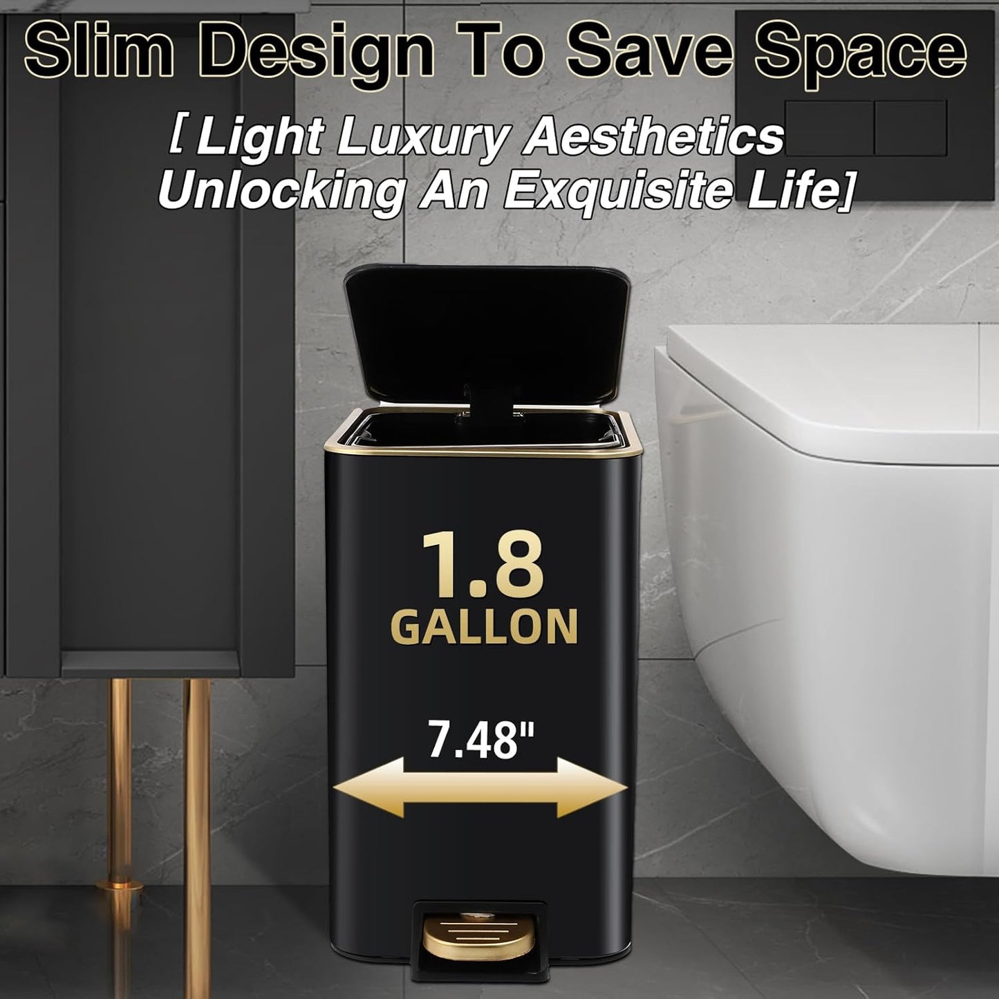 Small Bathroom Trash Can with Lid Soft Close, 1.8 Gallon Stainless Steel Garbage Can with Removable Inner Bucket,Black Toilet Brush,75Count Trash Bags, Slim Step Pedal Trash Bins