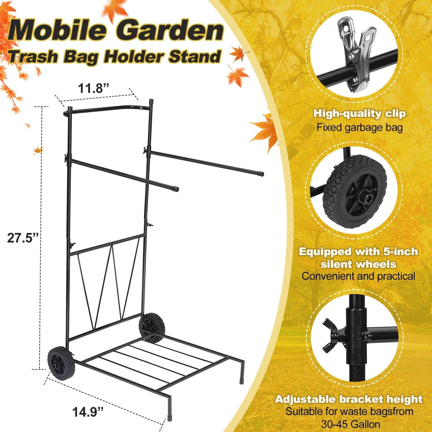 Heavy Duty Portable Trash Bag Holder with Wheel, Adjustable 30-45 Gallon Outdoor Leaf Bag Stand, Durable Trash Bag Rack, for Yard, Lawn Cleanup, Gardening, Camping & Parties