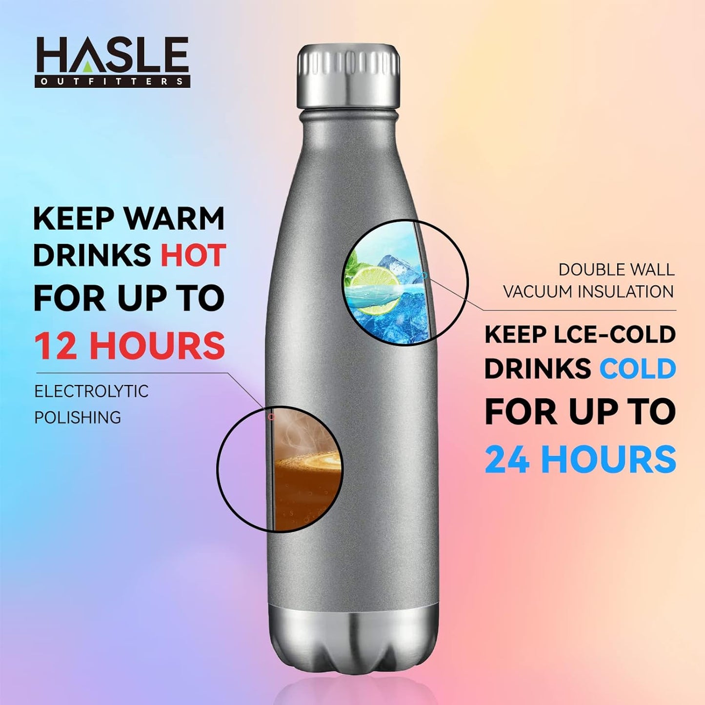 HASLE OUTFITTERS 17oz Stainless Steel Water Bottles, Vacuum Insulated Water Bottles Double Walled Reusable Metal Sports Water Bottles Keep Drinks Hot and Cold, Gray, 1Pack