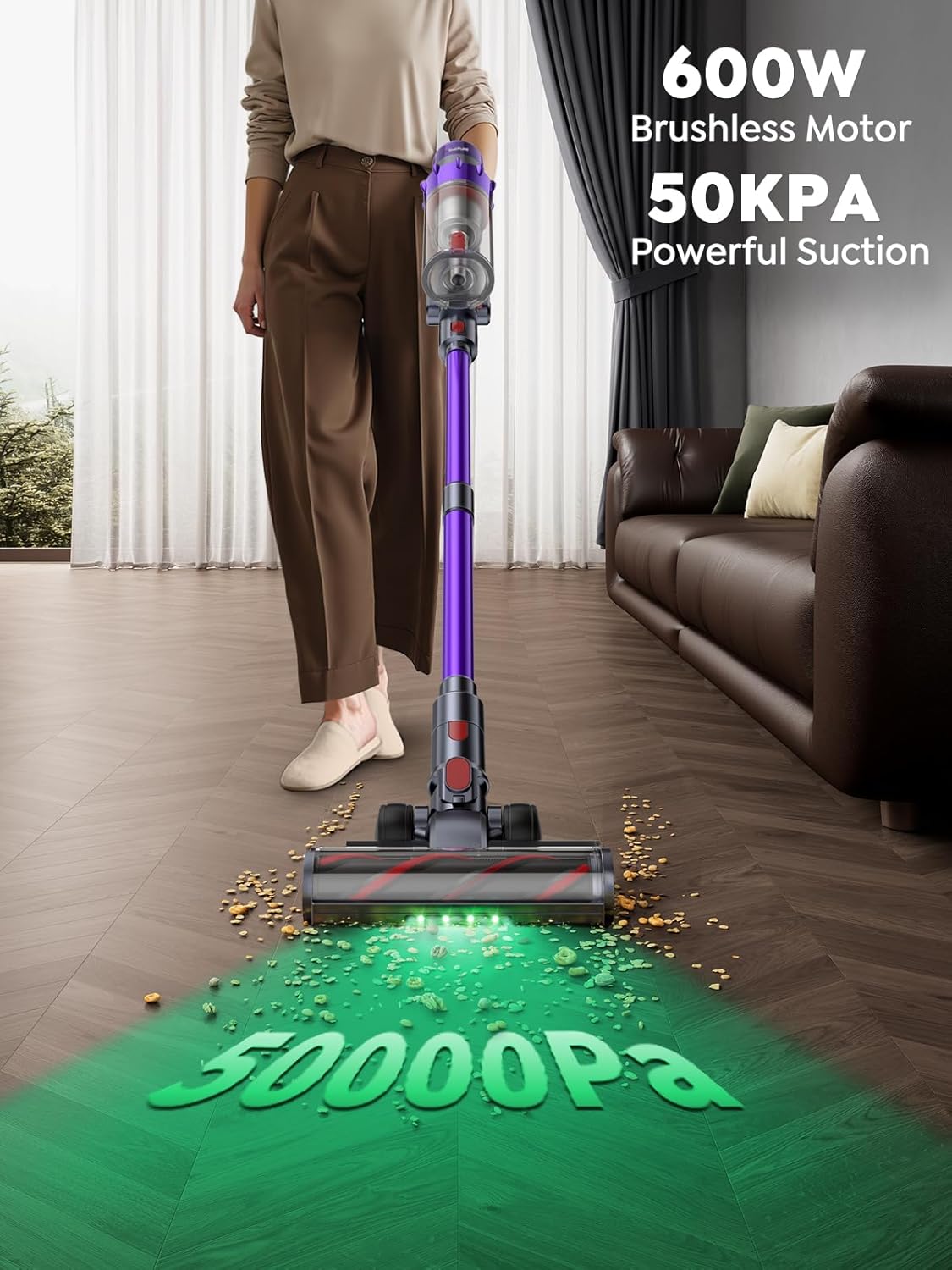 Cordless Vacuum Cleaner, 600W 50KPA 65 Mins Runtime Vacuum Cleaners for Home, Stick Vacuum with Self-Standing, Wall Mount Charging and Intelligent Auto Mode, Handheld Vacuum for Pet Hair/Carpet/Floor