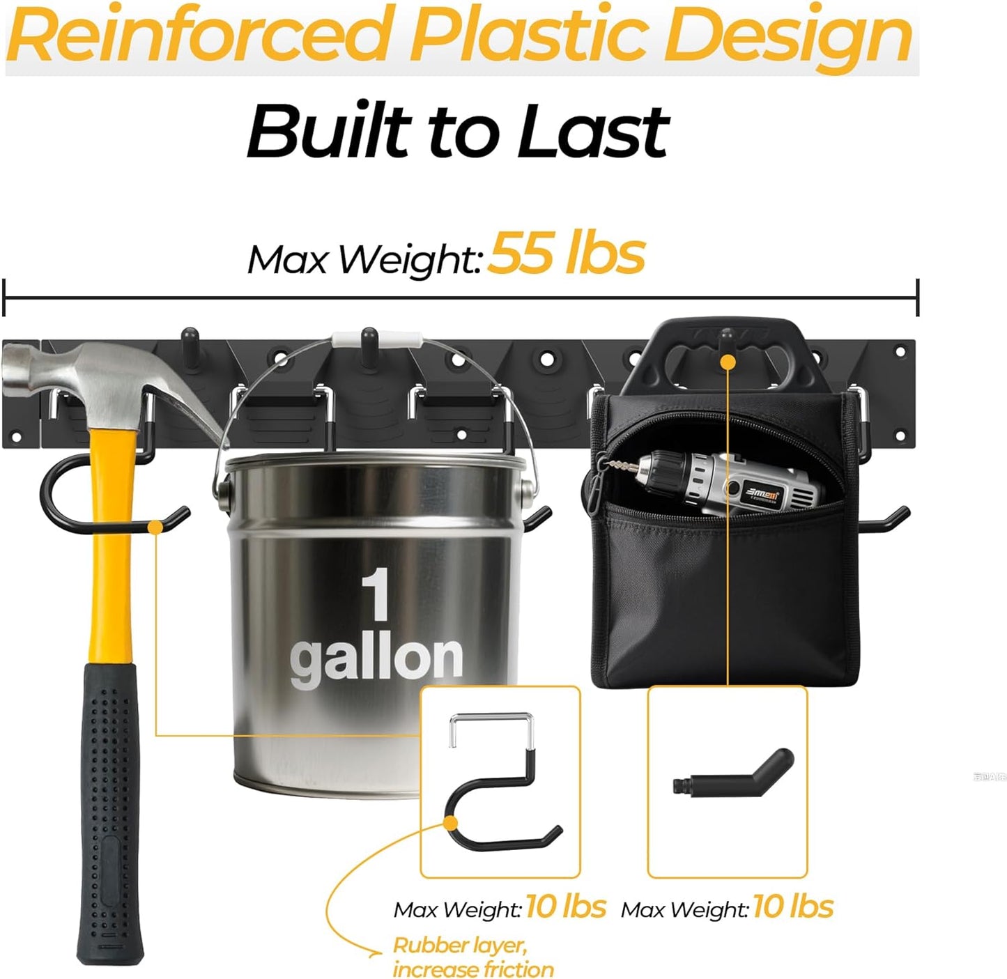 51 Inch Garden Tool Organizer Wall Mount with Non Slip Rubber Coated Metal Hooks, Storage Rack for Indoor/Outdoor Shovel, Rake, Mop and Broom Holder Wall Mount （ 15 Hooks+15 Holders