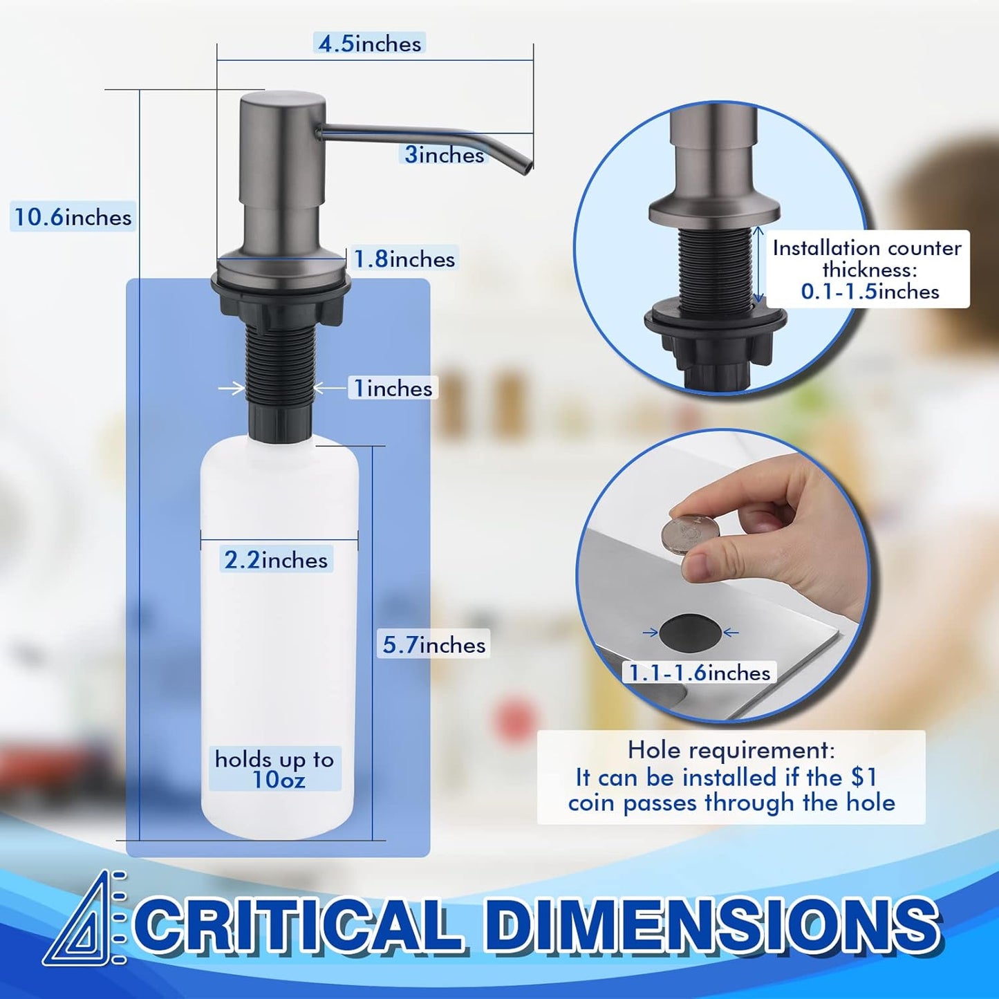 WEWE in Counter Soap Dispenser for Sink, Kitchen Faucet Soap Dispenser Kitchen Sink Matte Gray Black Stainless Steel Under Counter for Dish Detergent Liquid Sink
