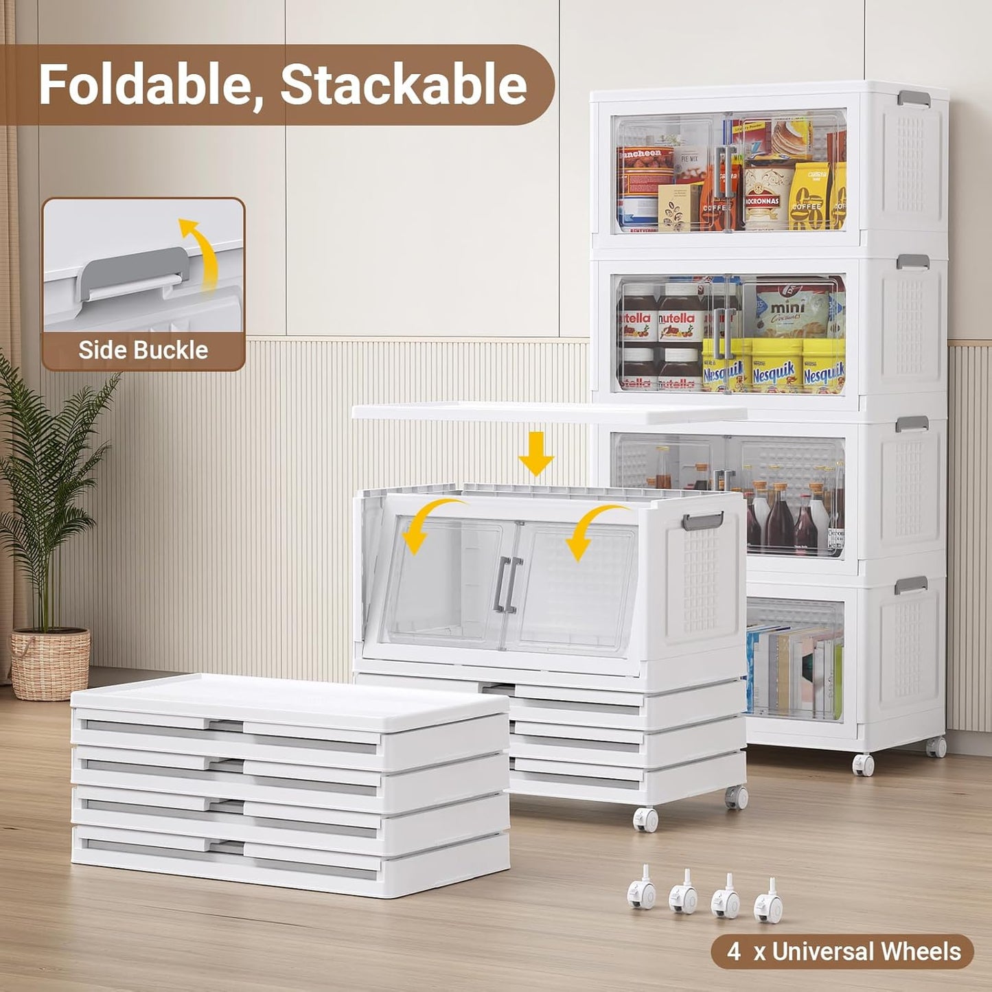 BROVIEW 324 Qt Plastic Storage Bins with Lid, Doors & Wheels, 3Pack Extra Large Stackable Collapsible Storage Bins, Closet Organizers and Storage Drawer, Foldable Cabinets for Home Office, White