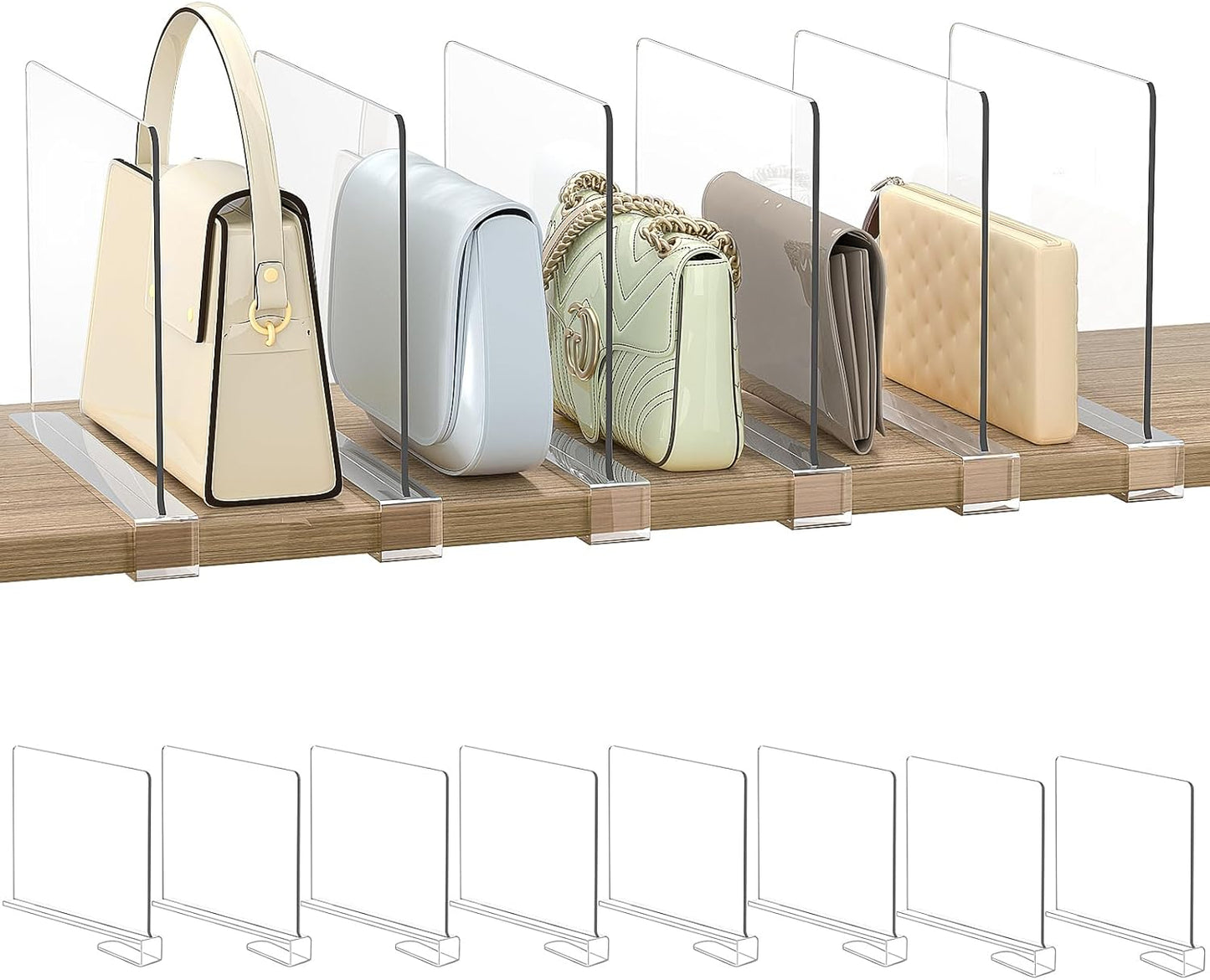 Shelf Dividers Purse Organizer for Closet: 8-Pack Acrylic Bag Storage Organizer for Handbags, Clutches, Clothes, Sweater, Towel on Wood Shelves