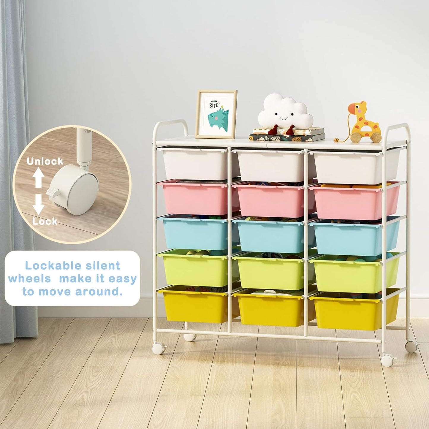 15 Drawers Rolling Cart With Wheels, Plastic Storage Drawer With Metal Frame, Multipurpose Art Craft Organizer, Utility Cart for Home, Office, School, Multicolor