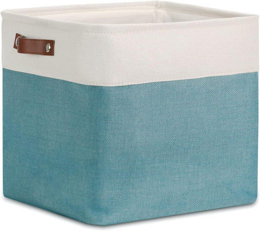 DULLEMELO Cube Basket for Storage, Collapsible Fabric Cube for Organizing, Storage Cube for Closet, Laundry, Nursery, Shelves, Decorative Basket for Gifts Empty (White&Teal)