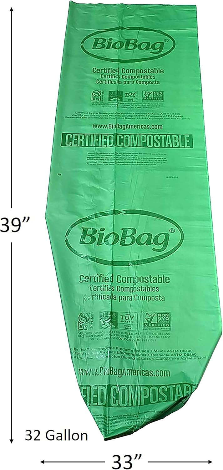 BioBag (USA) The Original Compostable Bag, 32 Gallon, 120 Count, 100% Certified Compostable Trash Bag Liners for Food Waste, Extra Strong and Durable, Trash Bag