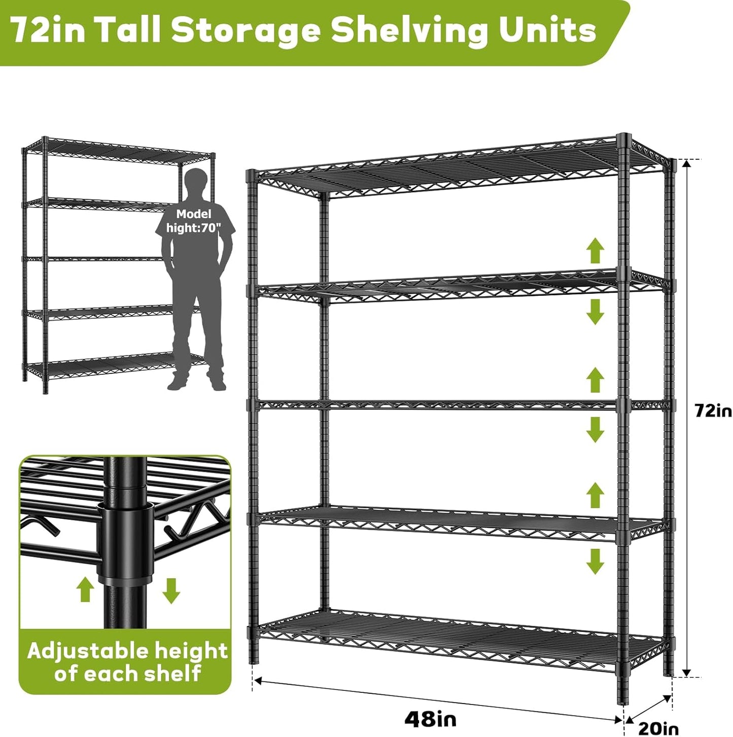 Storage Shelves, 3 PCS 48" L x 20" W x 72" H Heavy Duty Garage Wire Shelving Unit Loads 2000LBS, 5-Tier Adjustable Metal Industrial Utility Shelf Rack for Kitchen, Laundry Room, Basement