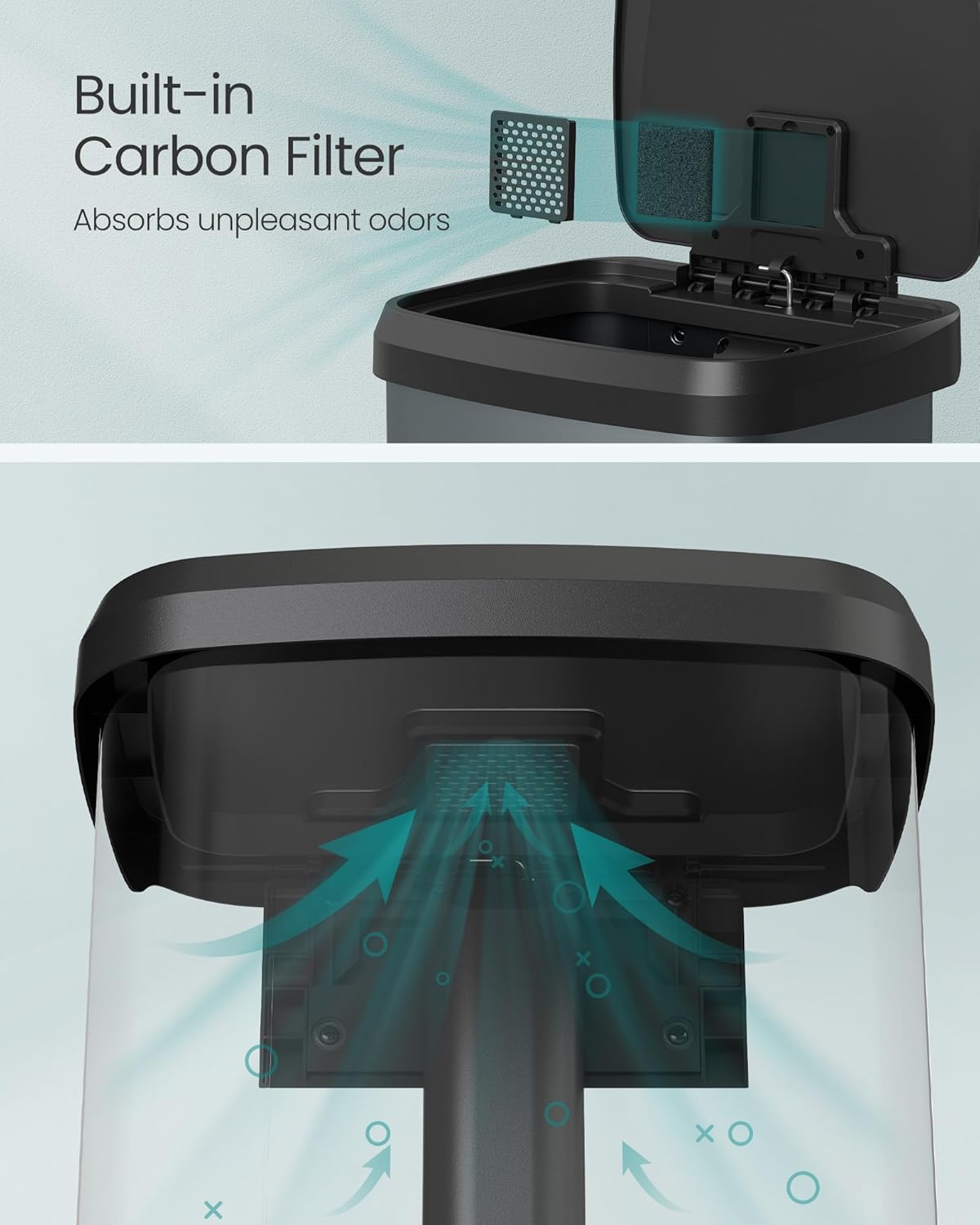 SONGMICS Kitchen Trash Can, 18-Gallon Stainless Steel Garbage Can, with Stay-Open Lid and Step-on Pedal, Soft Closure, Tall, Large and Space-Saving, Charcoal Gray and Black ULTB520G01