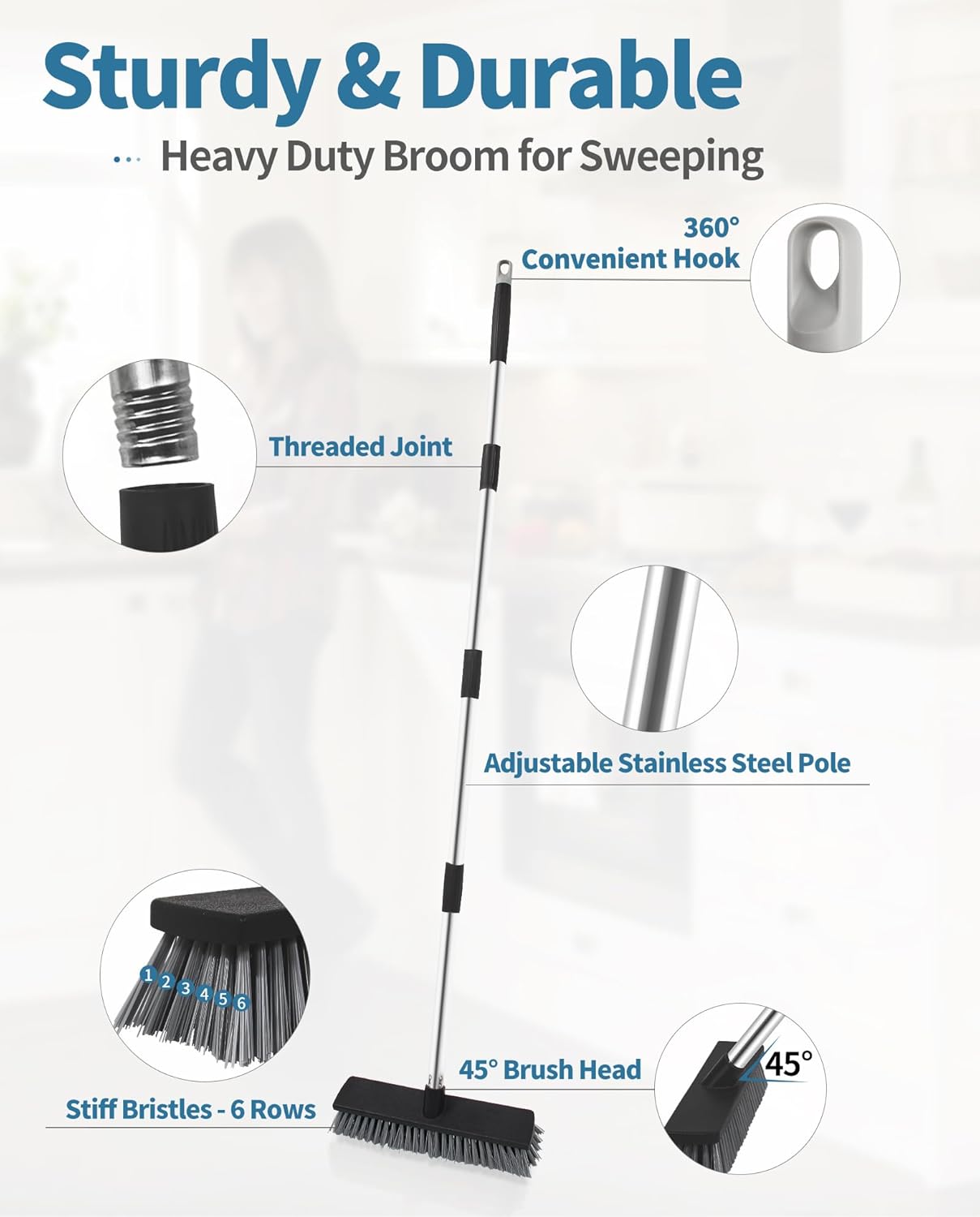 LandHope Hard Bristle Deck Broom Adjustable Long Handle Scrub Brush Heavy Duty Concrete Push Broom Outdoor Brush Garage Broom Wood Large Floor Scrubber 28-52 inch Balcony -Multi Segment Handle