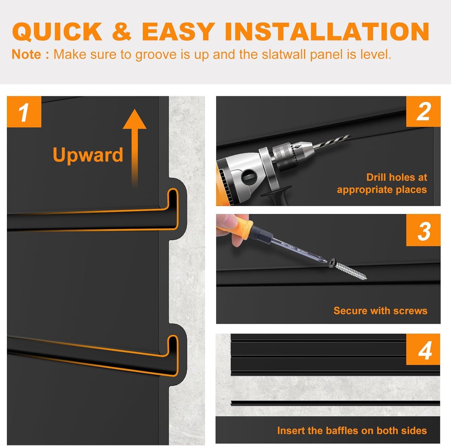 DoCred Slatwall Paneling Organizer, 4x7.5 FT PVC Garage Slat Wall Storage Systems, Heavy Duty Mounted Slat Peg Board for Tool Organization Ladder Bike Includes 27 PCS Hooks Accessories Kit (Black)