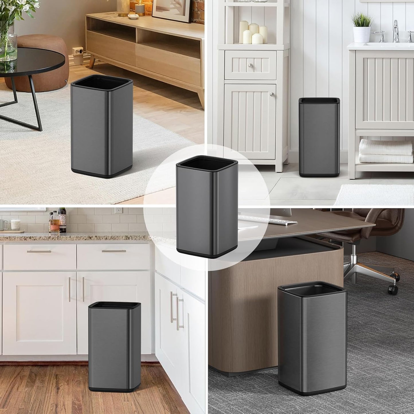 Mbillion 2.4 Gal (9L) Stainless Steel Open - Top Trash Can with Removable Inner Bucket - Sleek Metal Small Waste Basket for Bathroom Office,Brushed Black