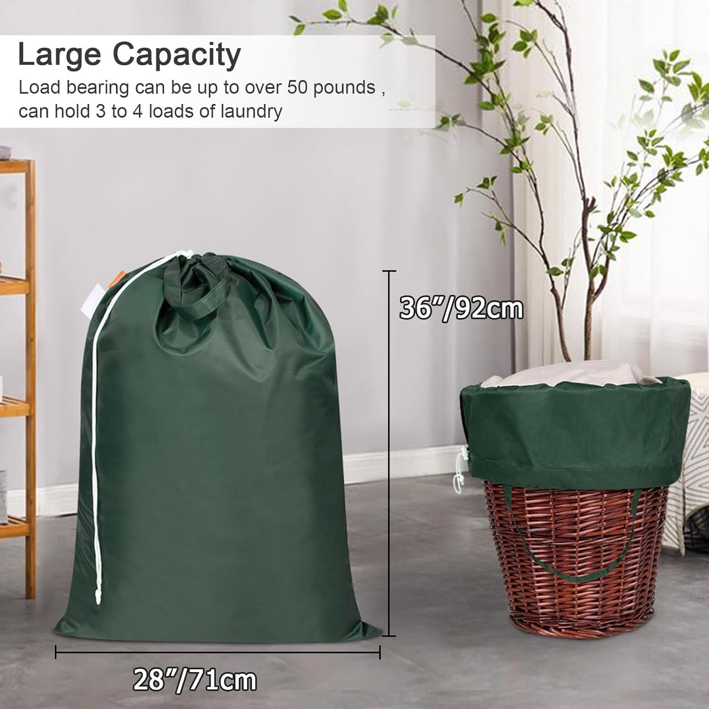 Polecasa Heavy Duty Large Laundry Bag with 130gsm Tear Resistant Fabric and Handles, Easy to Carry Durable Dirty Clothes Drawstring Bag, Perfect for College Dorm,Travel, 28”x36”,Green