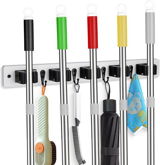 Broom Holder Wall Mount With 5 Slots & 4 Hooks，Rustic Wood Broom & Mop Hanger，Wall Mounted Garden & Garage Tool Storage Organizer Rack for Closet Laundry Room or Kitchen Wall Decor White