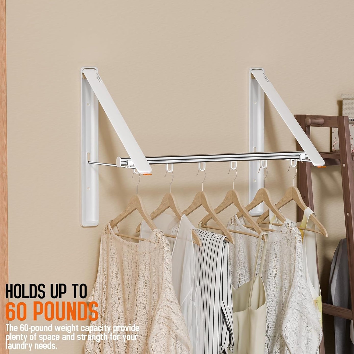 Clothes Drying Rack Retractable, Wall Mounted Clothes Hanger Rack for Laundry Room, Laundry Drying Rack with Clothes Rod Space Saving Closet Organizer Aluminium (White, 2P)