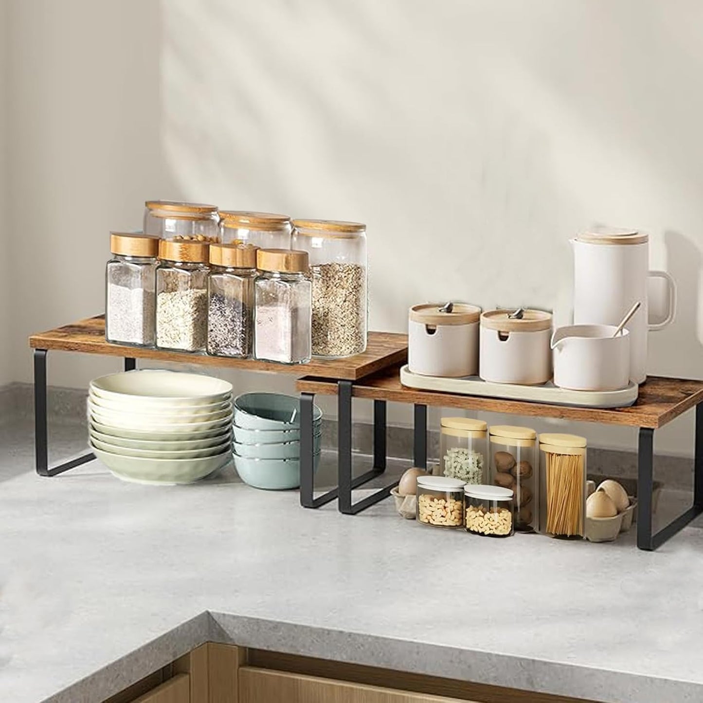 Cabinet Organizer Shelf, Kitchen Counter Storage, 2-Piece Set, Stackable Spice Rack, Metal and Wood (Black and Rustic Brown)