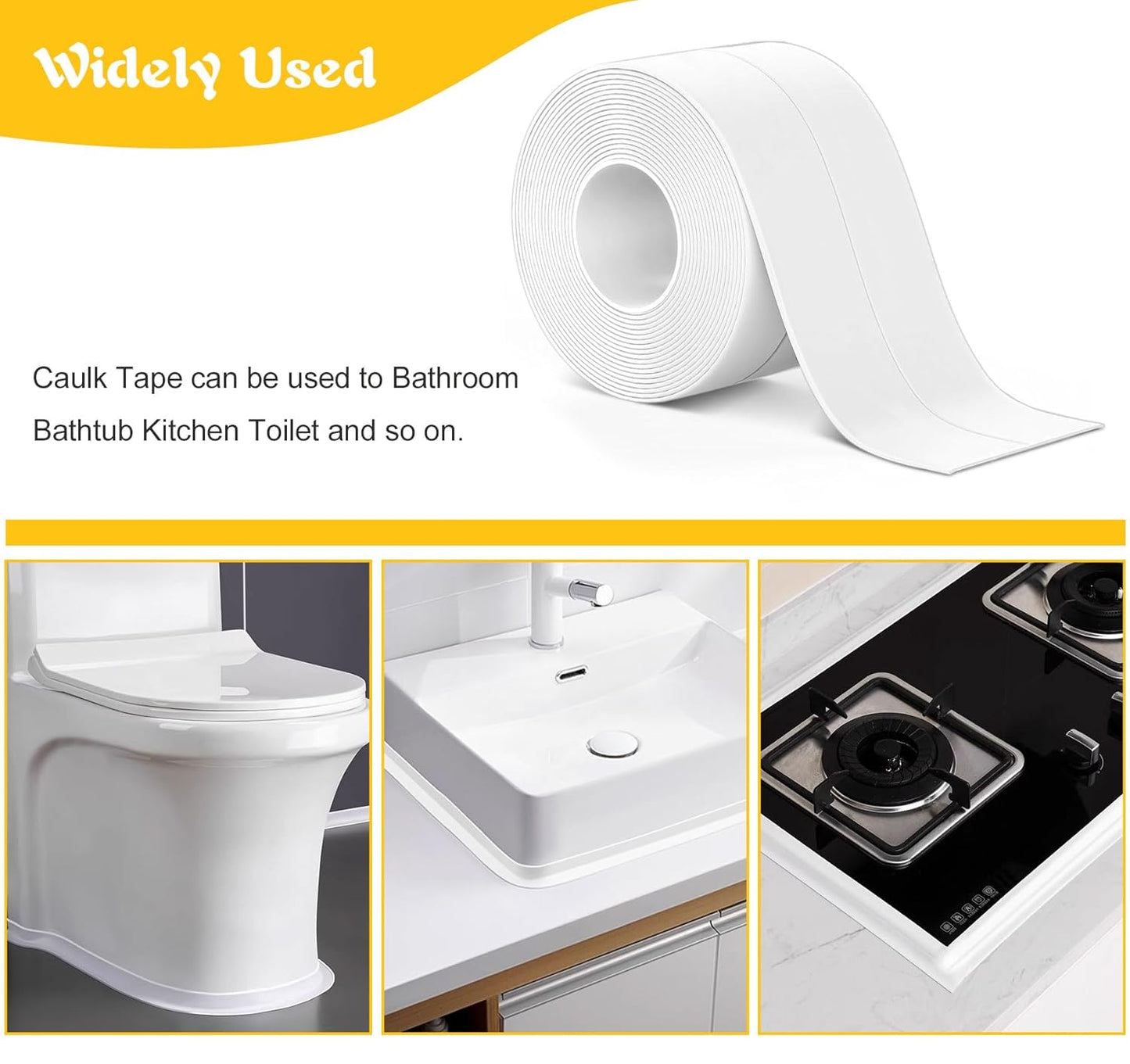 ABSOFINE Caulk Tape Waterproof Self Adhesive 1.97" x16.4Ft, White Toilet Caulk Sealant Tape, Shower Seal Strip for Kitchen, Countertop, Bathroom, Sink, Bathtub Toilet Edge Protector with Sealing Tool