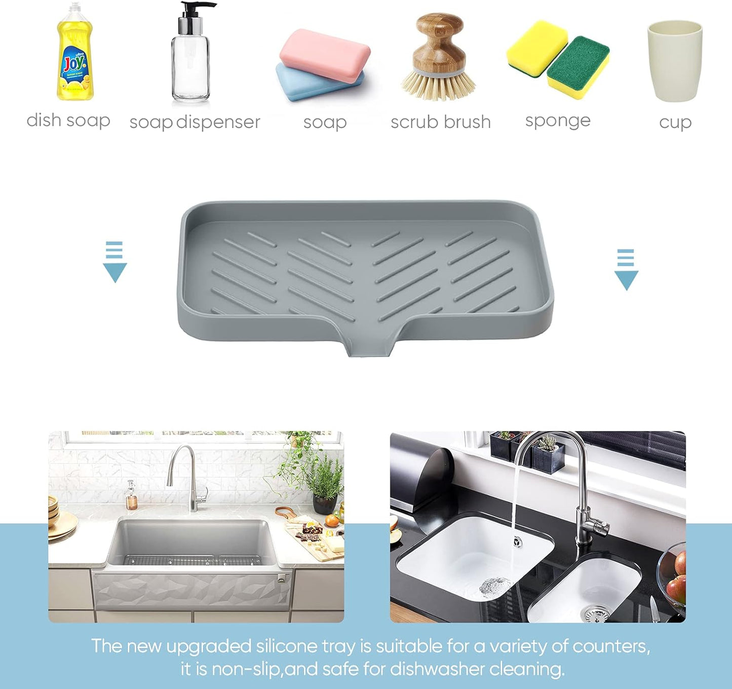 Kitchen Soap Tray,Kitchen Sink Tray Sponge Tray Kitchen Sponge Holder Self Draining Premium Silicone Soap Holder for Bathroom Counter Sink Caddy Organizer for Dish Soap Bottle,Soap Dispenser