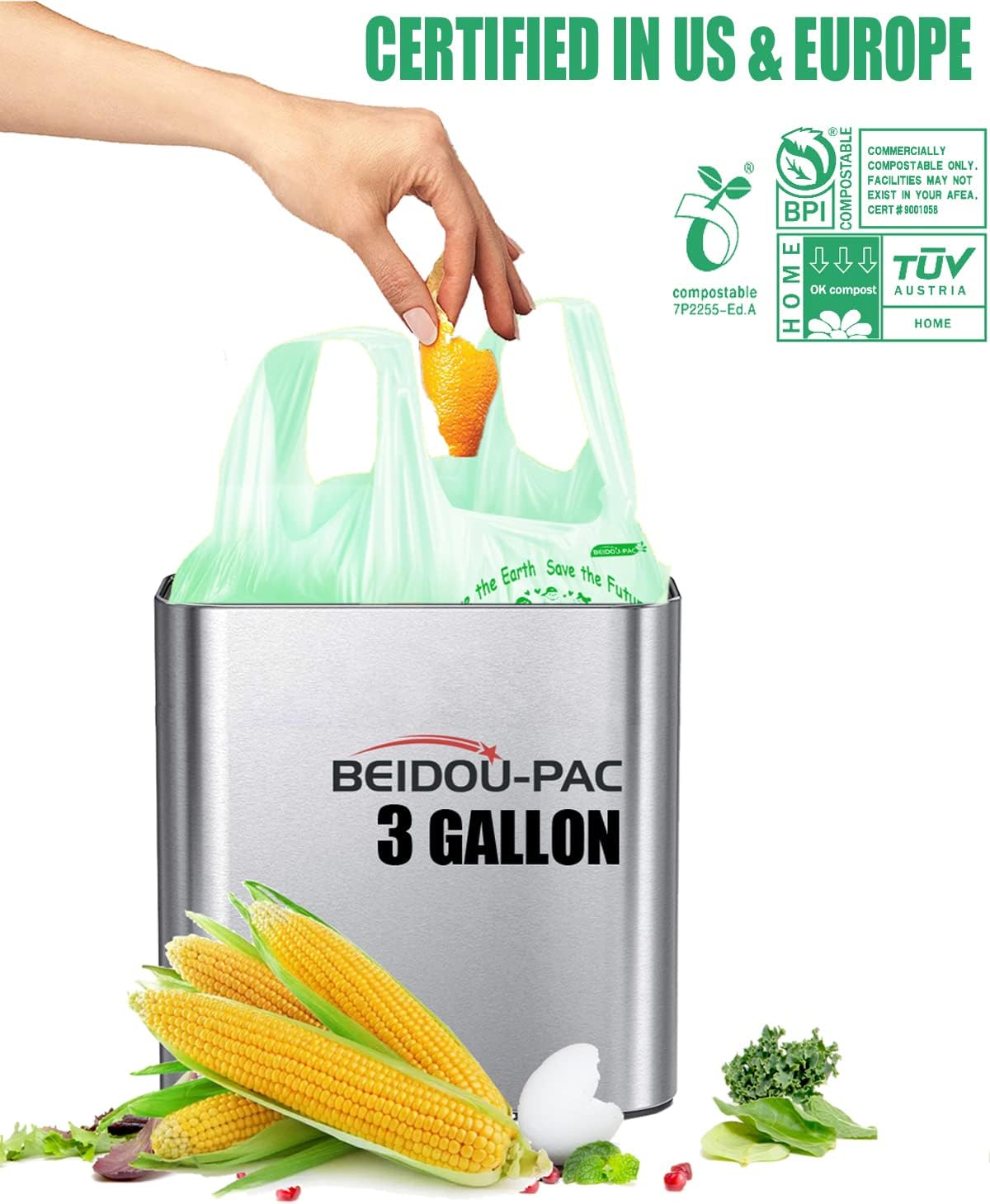 100% Compostable Trash Bags, 3 Gallon Compost Bags Small Kitchen Trash Bags with Handle, 100 Count Sturdy Biodegradable Garbage Bags Food Scrap Waste Bags, ASTM D6400, US BPI Certified
