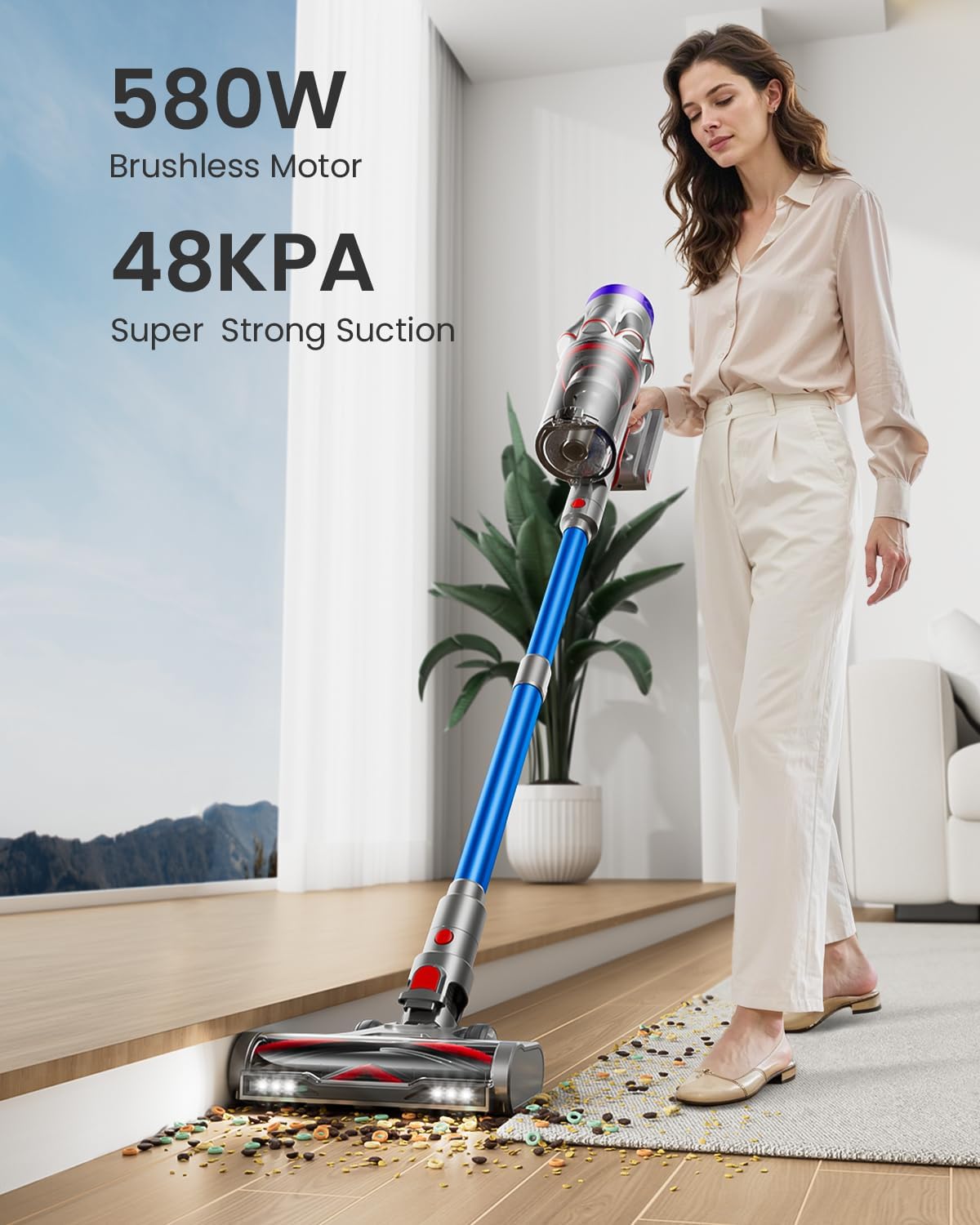 Cordless Vacuum Cleaner, 48KPa 580W 65Mins Vacuum Cleaner for Home, Anti-Tangle Self-standing Stick Vacuum with Scented Tablet, Upgraded Dust Cup Scraping, Vacuum Cordless for Pet Hair/Carpet/Floors