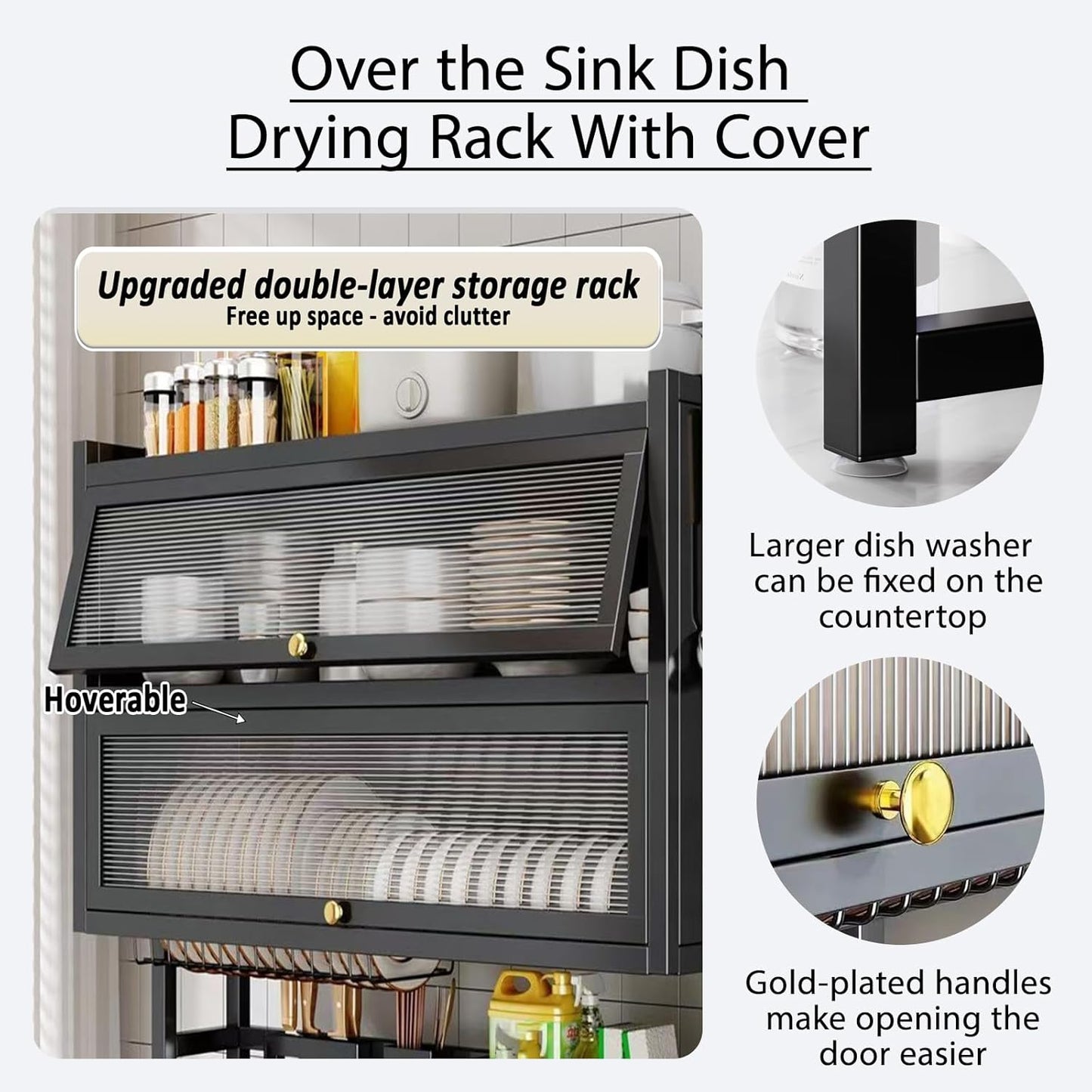 Dish Drying Rack 4 Tiers with Cover, Keep Kitchen Sink Shlef Organized Space-Saving, Large Drying Rack for Dishes, Glasses, Bowls, Cutlery black W-37.4in