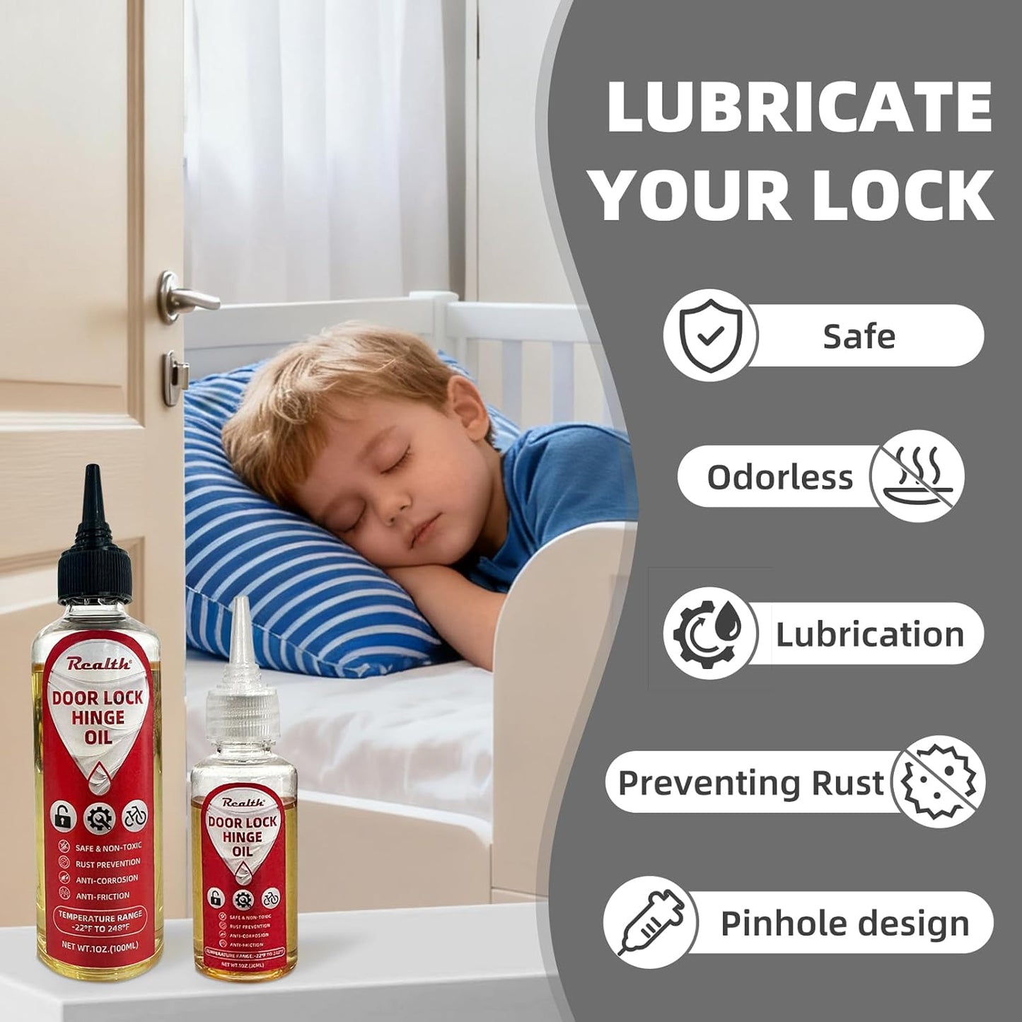 Realth Door Hinge Lubricant -Garage Door Lubricant Oil Great for Squeaky Hinges, Locks, Chains, Keyholes & More - Long-Lasting, Non-Toxic, Rust-Resistant with Precision Oiler Needle (30ml)
