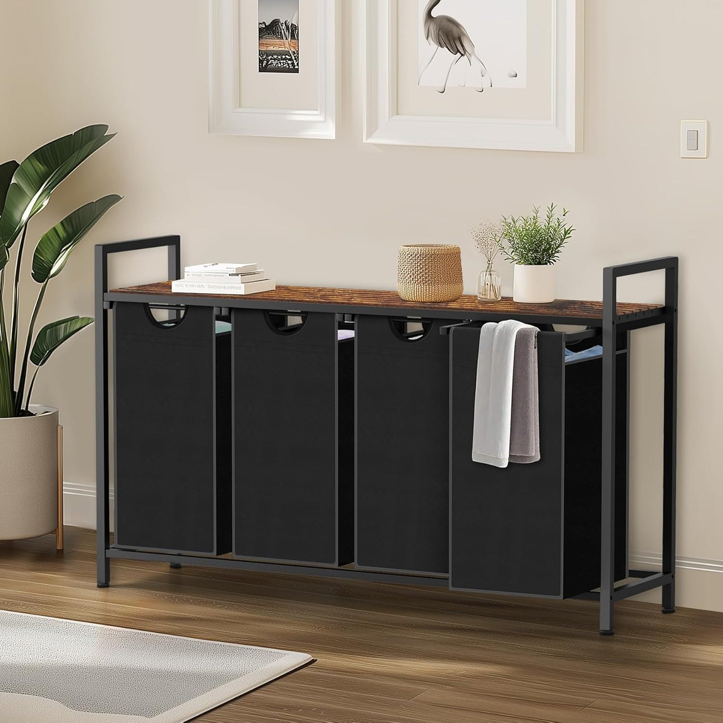 Laundry Hamper, Laundry Sorter with 4 Pull-Out Removable Oxford Fabric Bags Cloth Laundry Basket 4 x 10 Gallons (Black and Rustic Brown)