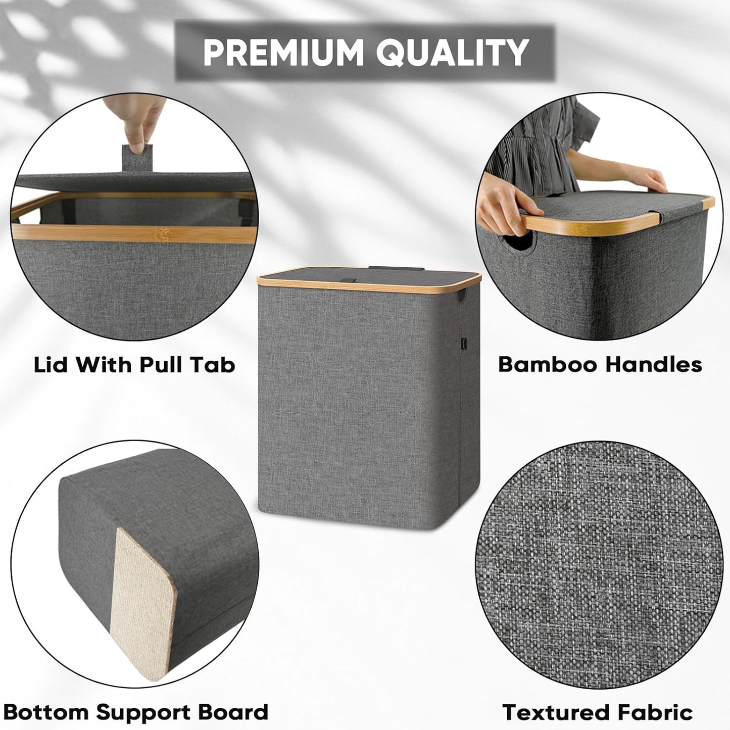 BALEINE Laundry Hamper with Lid, Tall Laundry Baskets with Bamboo Pull Handles, Large Laundry Bin with Internal Support (36 Gal/140L, Grey)