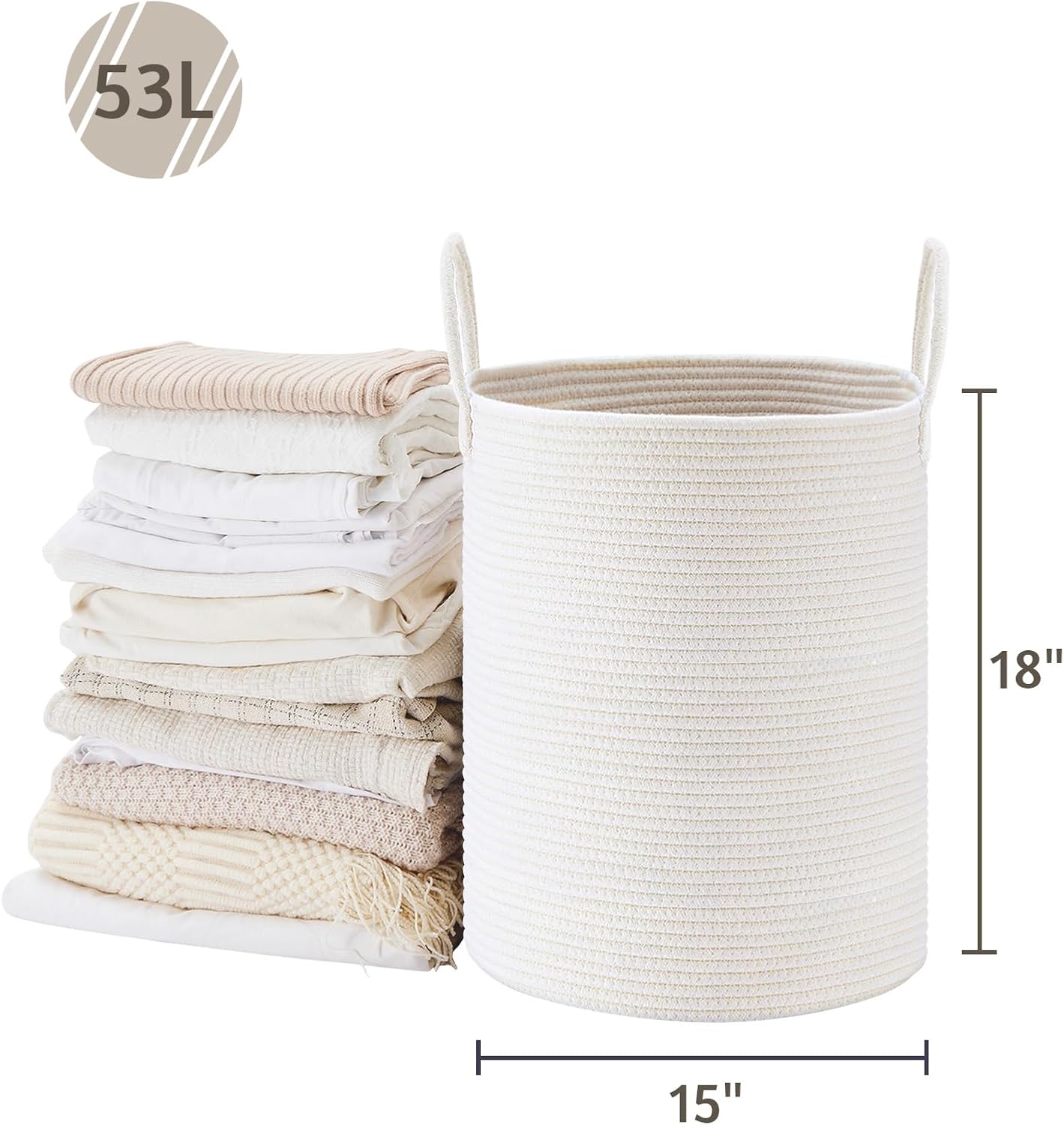 VIPOSCO Large Laundry Hamper, Tall Woven Rope Storage Basket for Blanket, Toys, Dirty Clothes in Living Room, Bathroom, Bedroom - 53L White