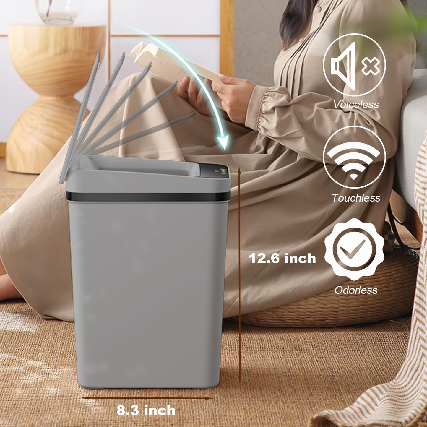 Yatmung 2 Pack - 2.5 Gallon Motion Sensor Bathroom Trash Can - Slim Smart Trash Cans - Skinny Trash Bin with Lid - Electric, Narrow, Plastic, Auto Open - Small Automatic Garbage Can (Grey)